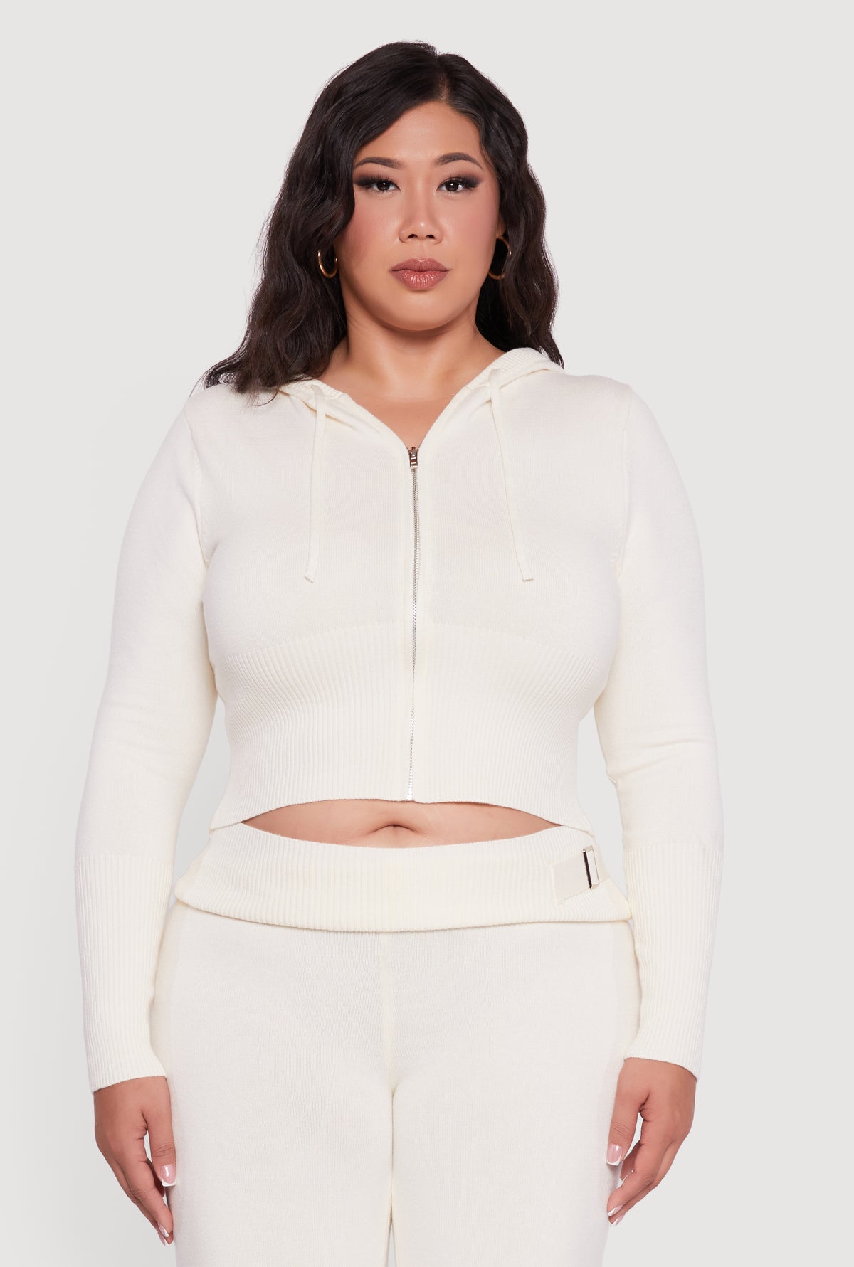 Plus Size Rib Knit Cropped Zip Front Hoodie