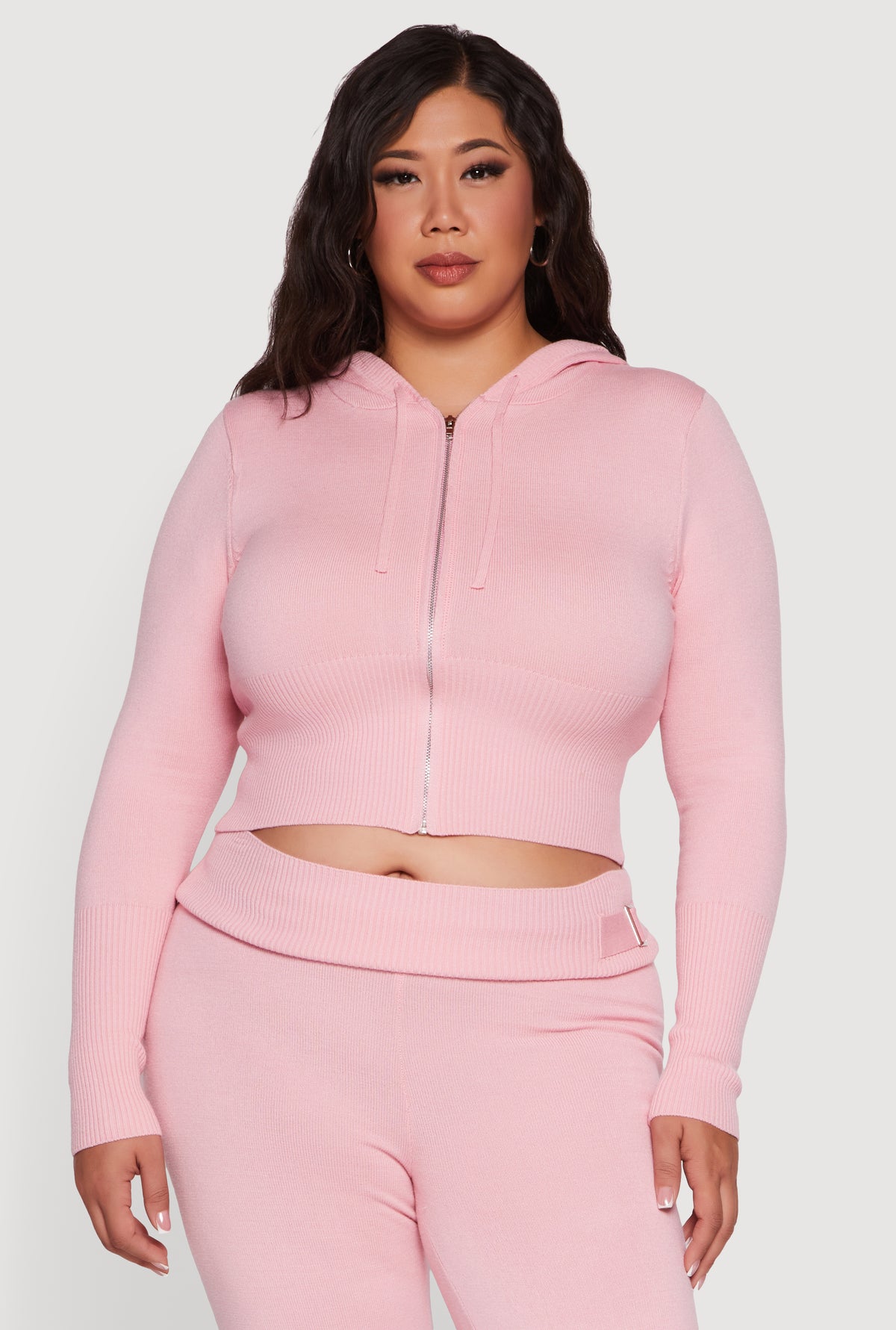 Plus Size Rib Knit Cropped Zip Front Hoodie