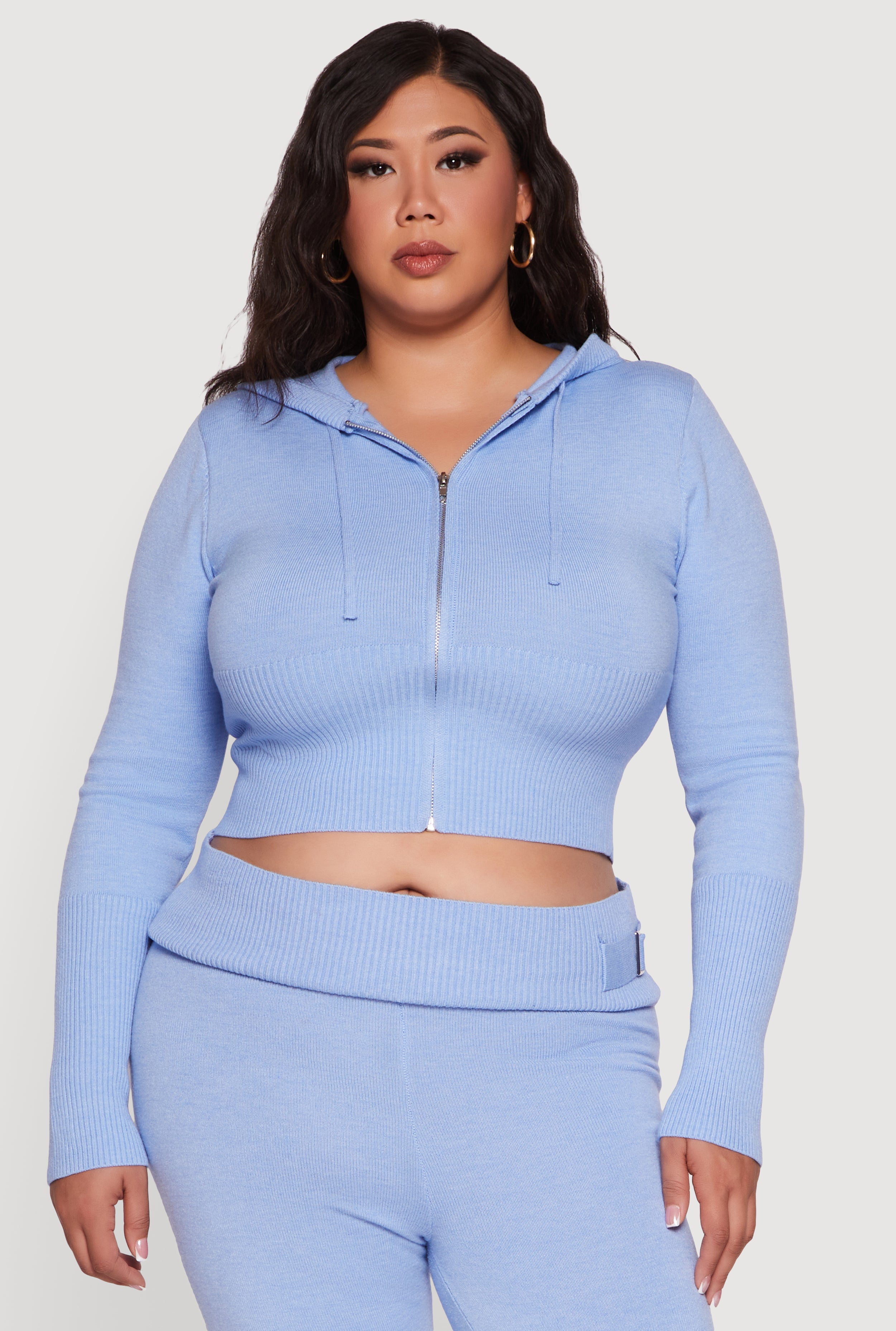 Plus Size Rib Knit Cropped Zip Front Hoodie