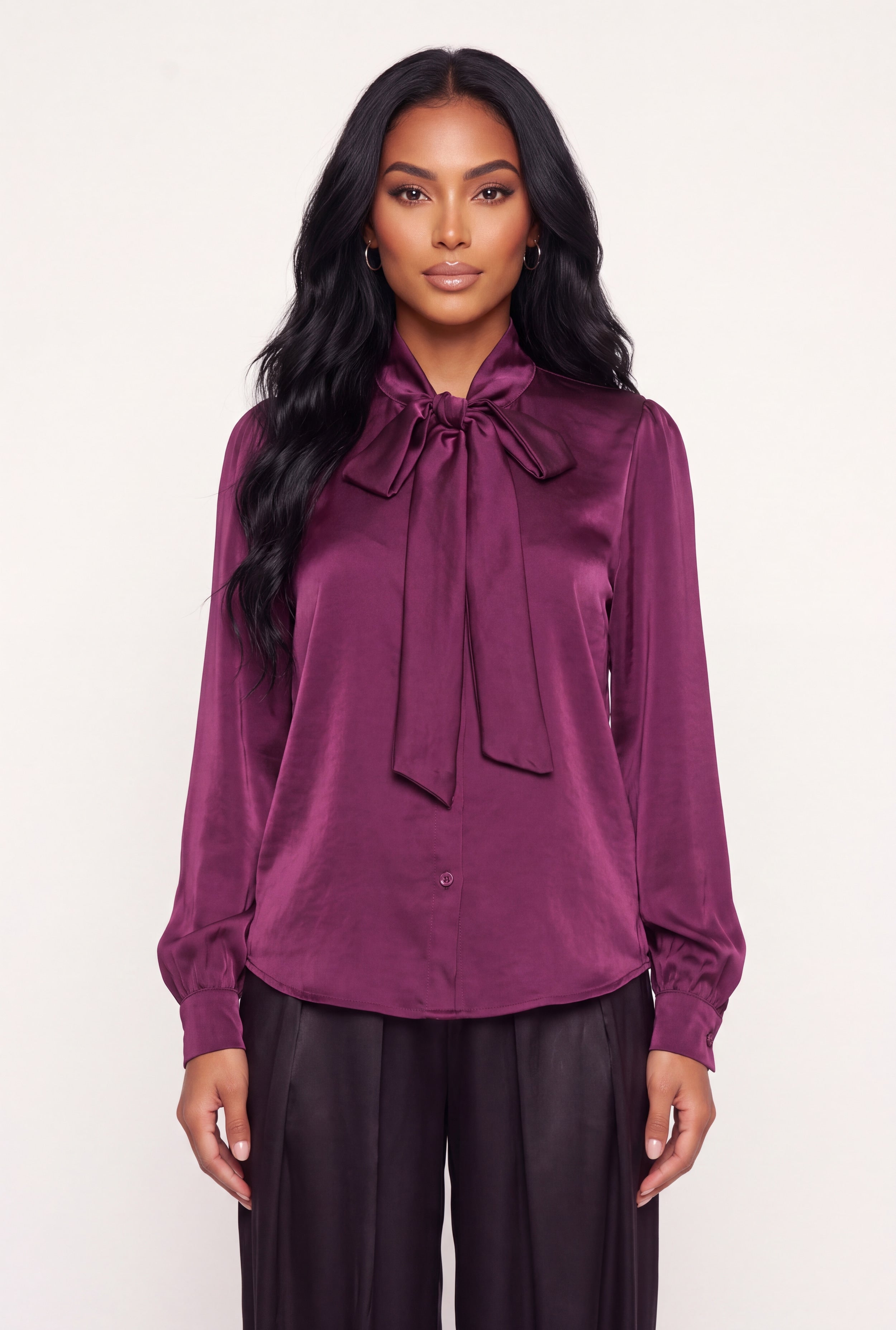 Satin Bow Tie Neck Blouse