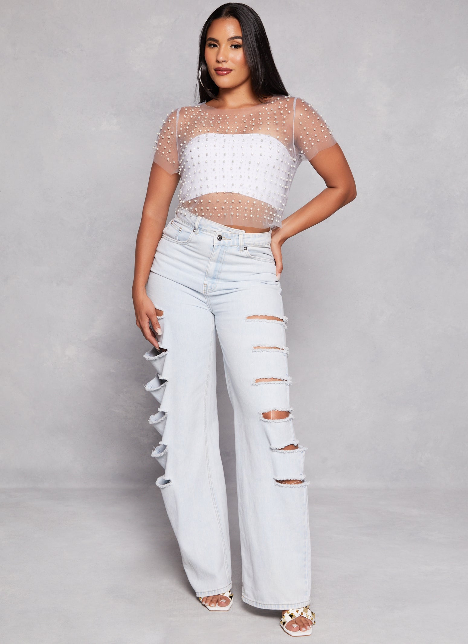 Haute Monde Mesh Rhinestone Faux Pearl Short Sleeve Top