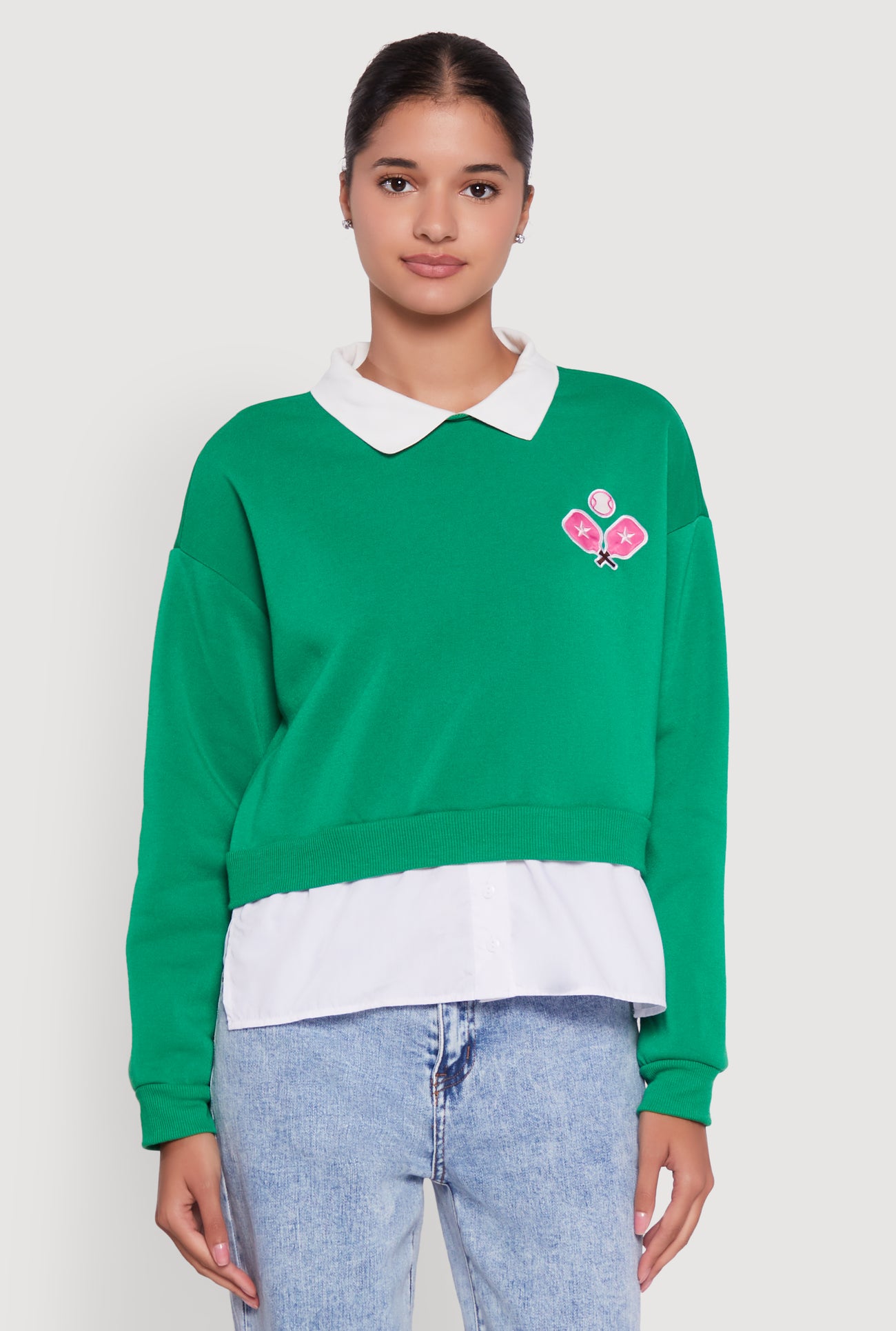 Shirt Collar Layered Look Patch Graphic Sweatshirt