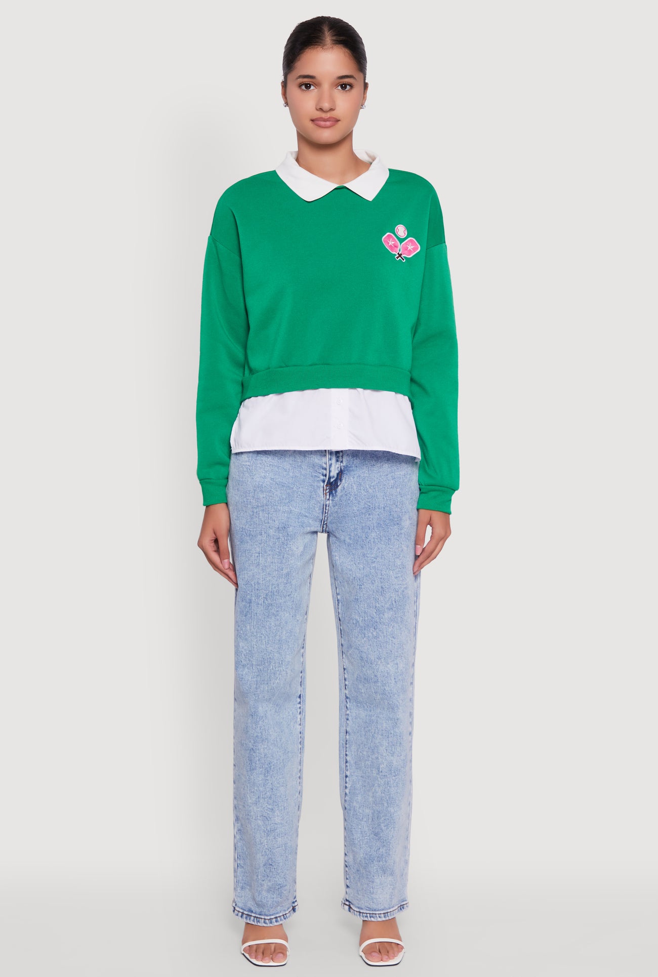 Shirt Collar Layered Look Patch Graphic Sweatshirt