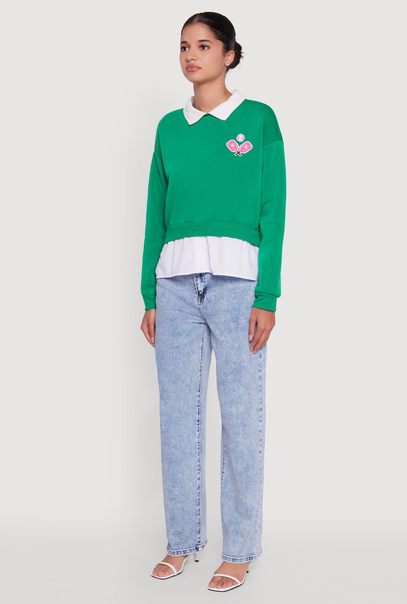 Shirt Collar Layered Look Patch Graphic Sweatshirt