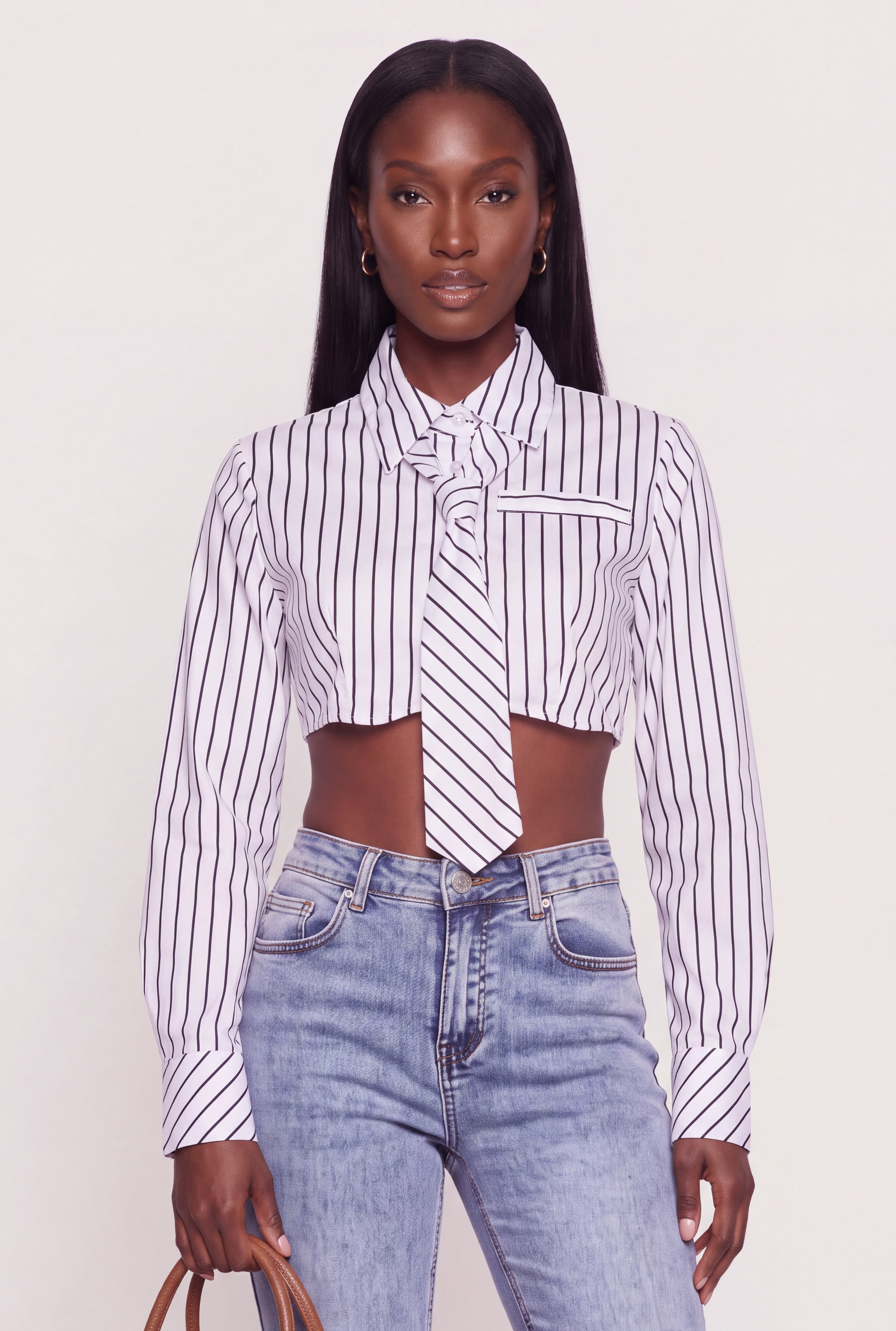 Striped Long Sleeve Cropped Shirt with Neck Tie