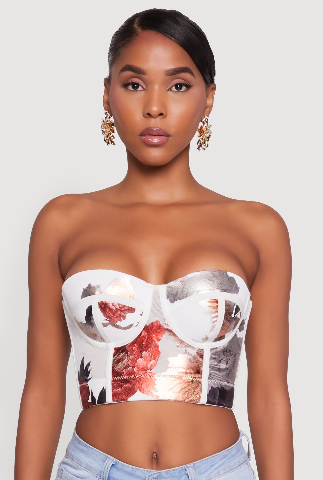 Stylish Floral Mesh Bustier Crop Top