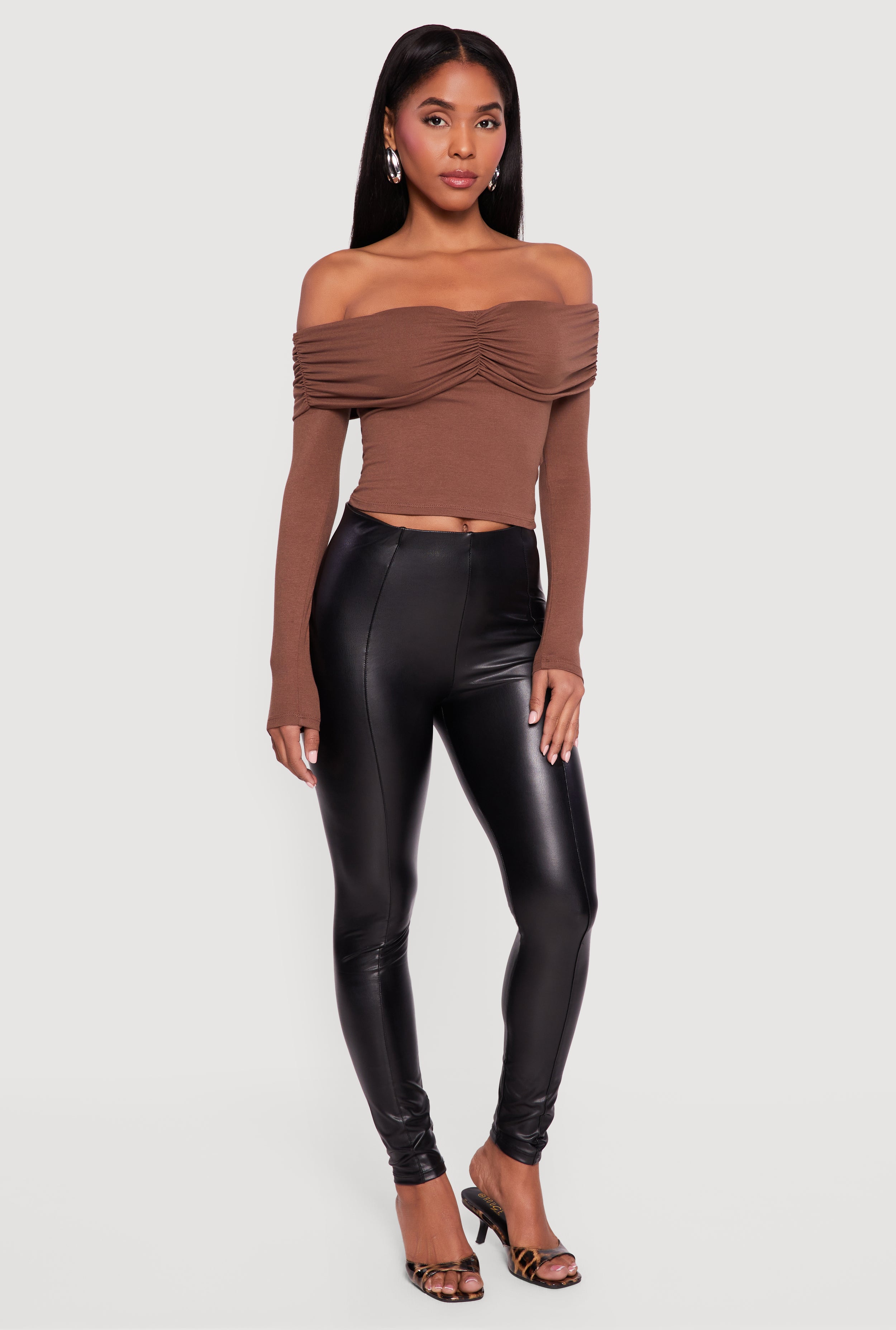 Ruched Fold Over Long Sleeve Off the Shoulder Top
