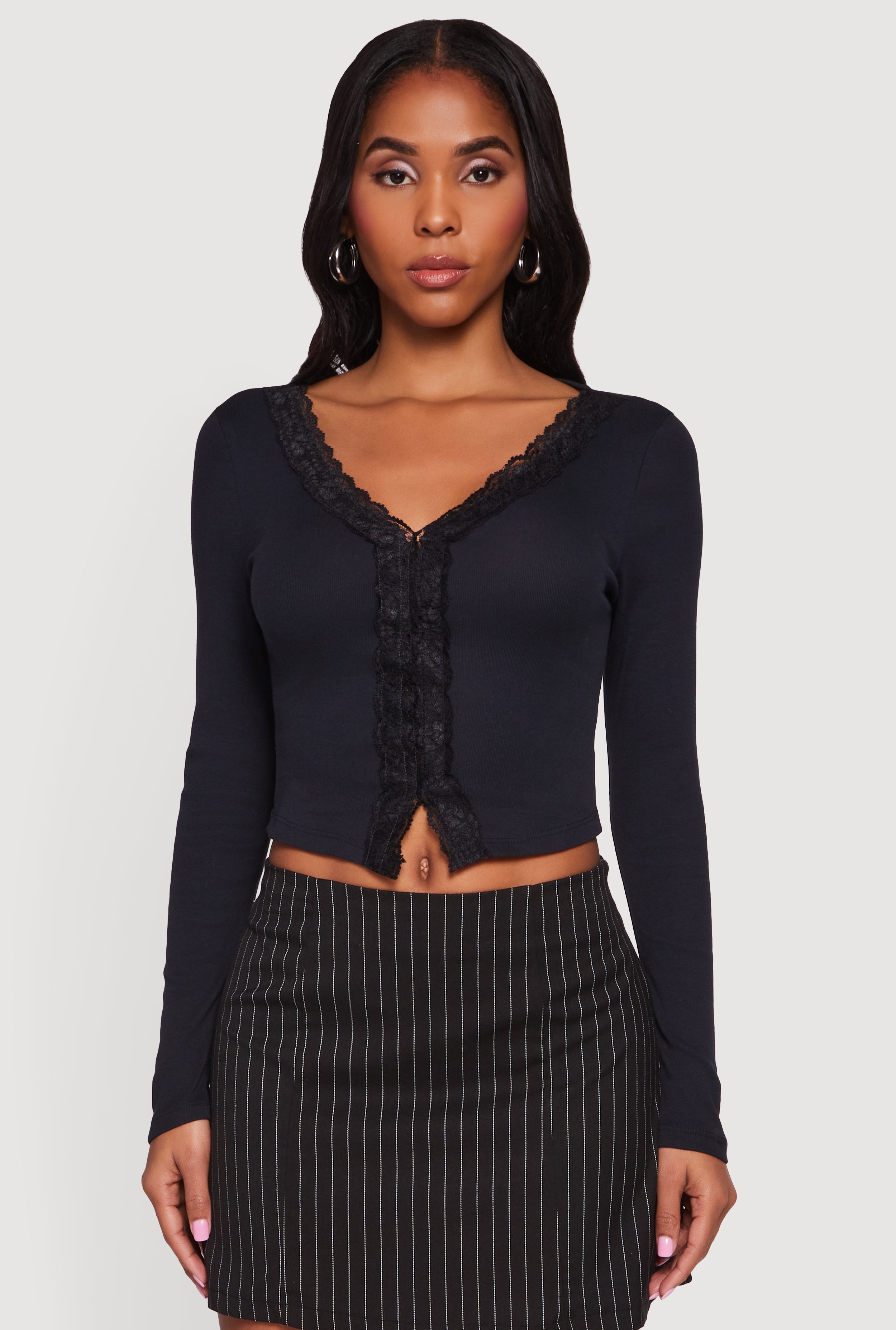Long Sleeve Lace Trim Crop Top