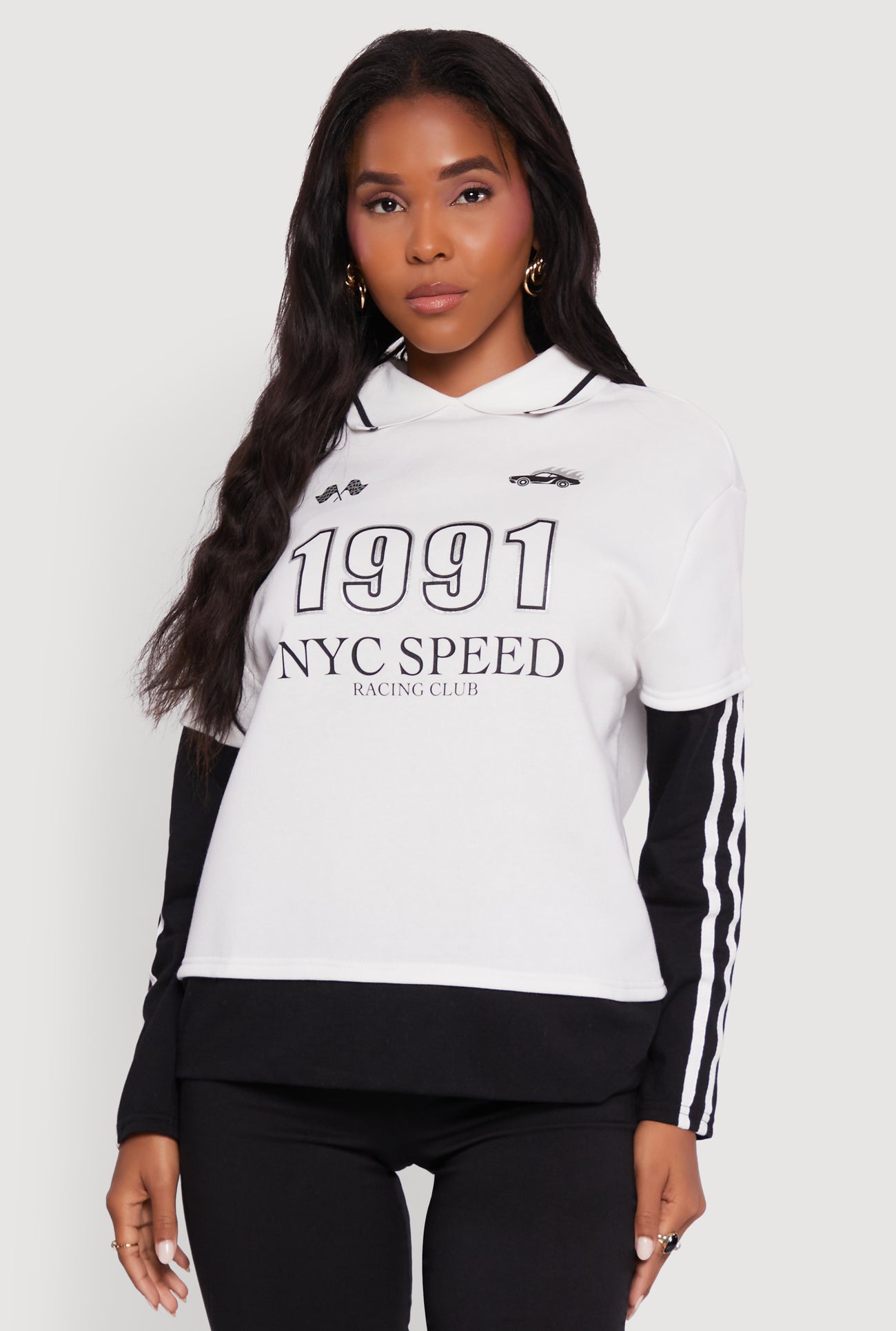 Varsity Stripe Foil Screen Graphic Layered Look Sweater