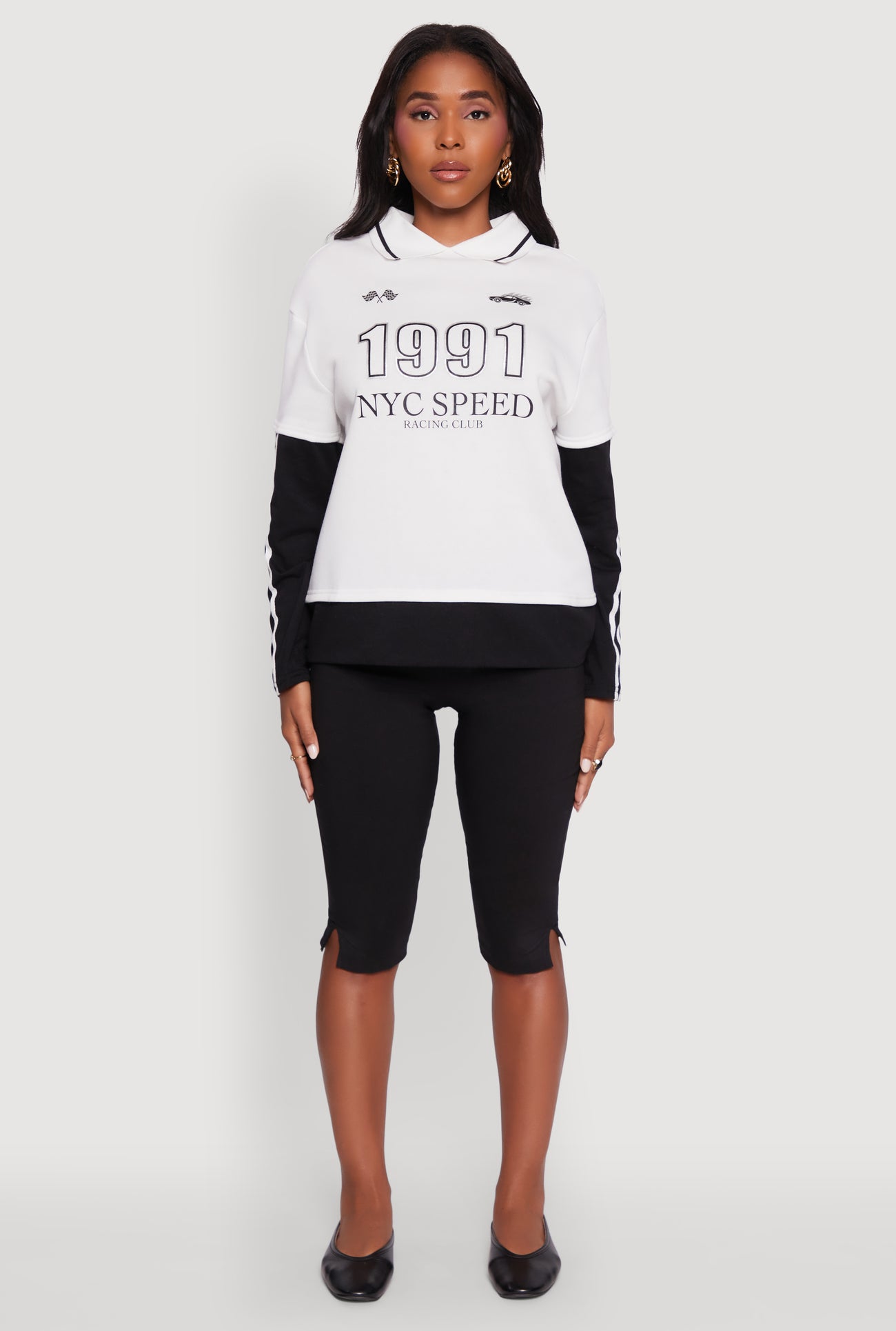 Varsity Stripe Foil Screen Graphic Layered Look Sweater