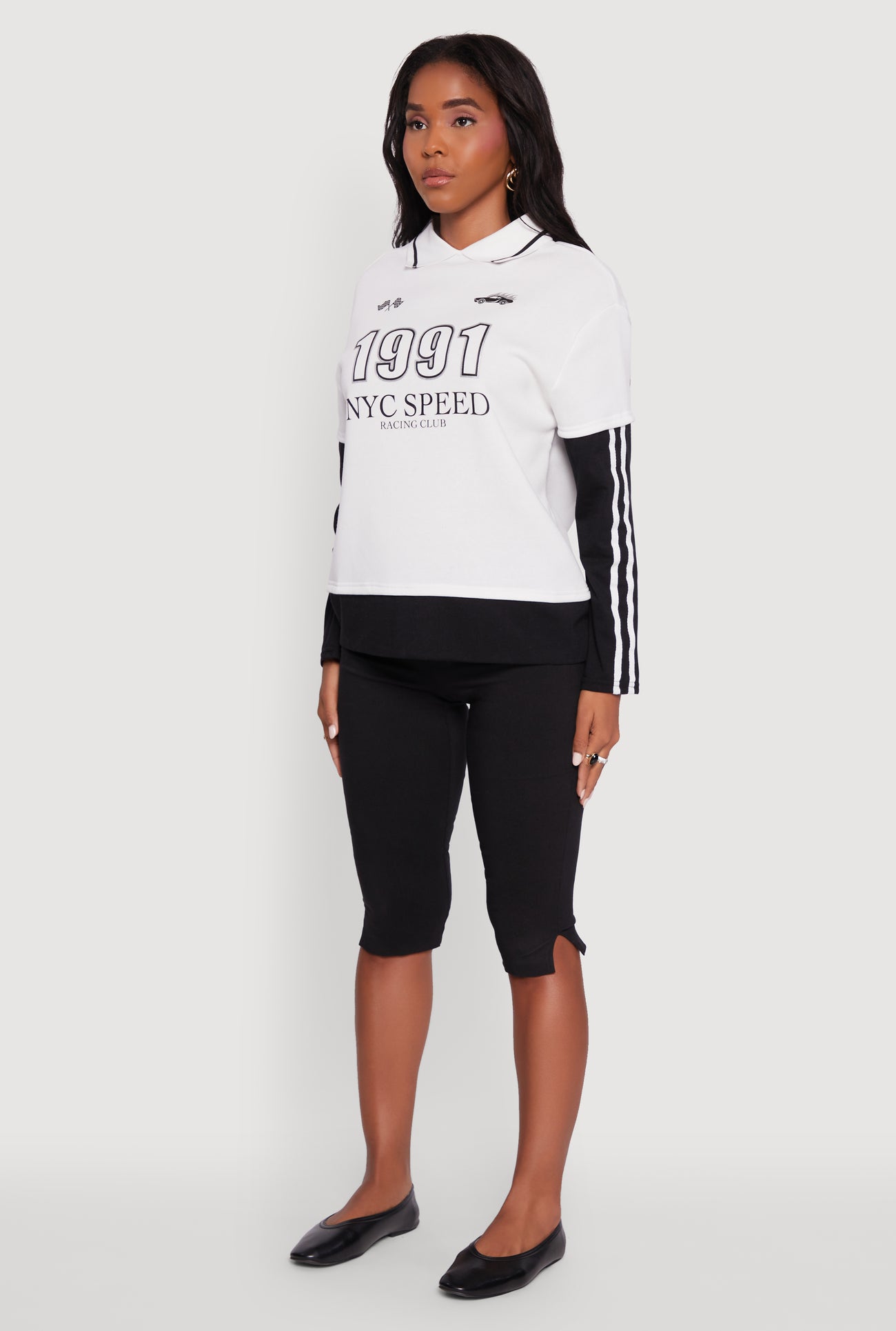 Varsity Stripe Foil Screen Graphic Layered Look Sweater