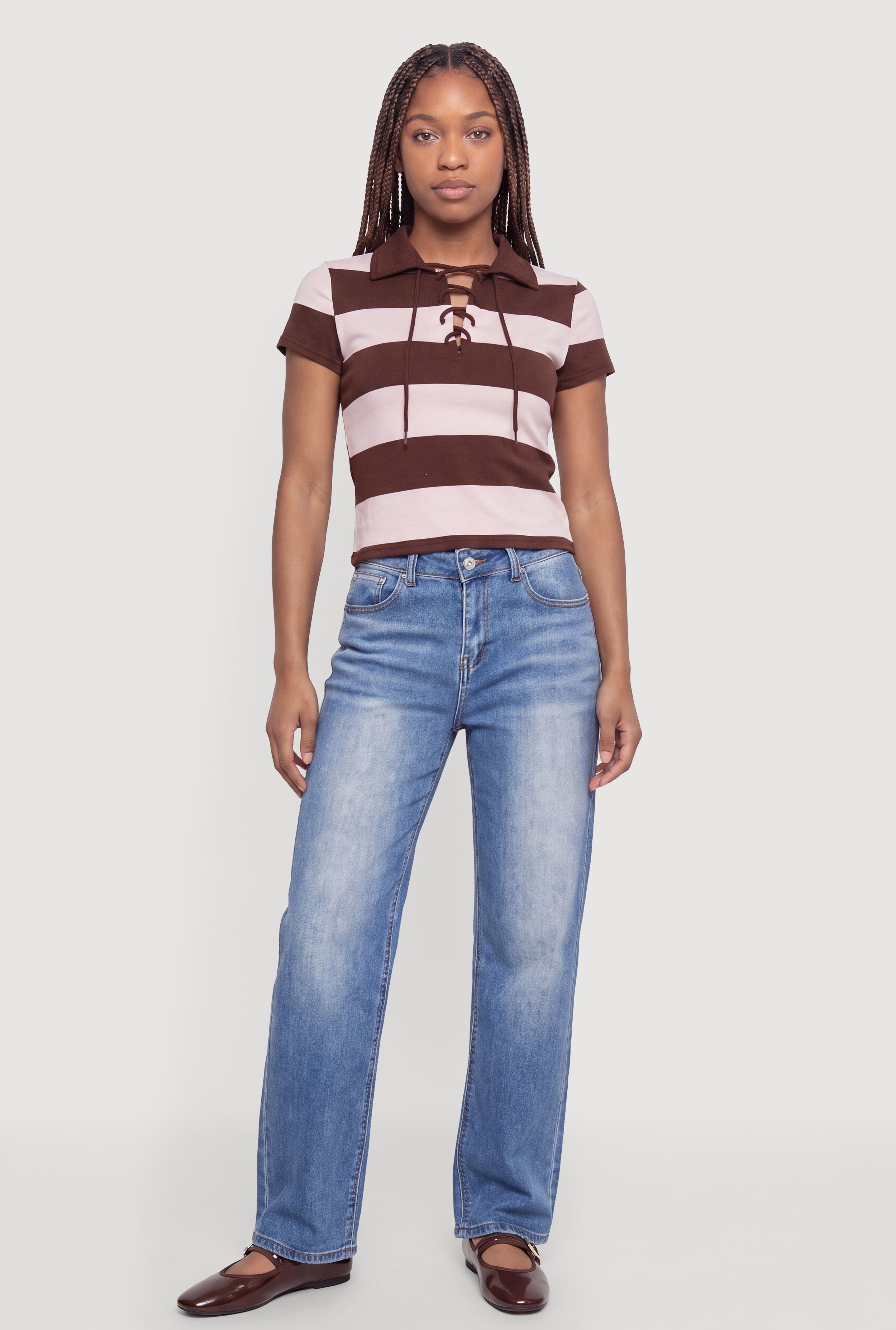 Lace Up Striped Polo Top