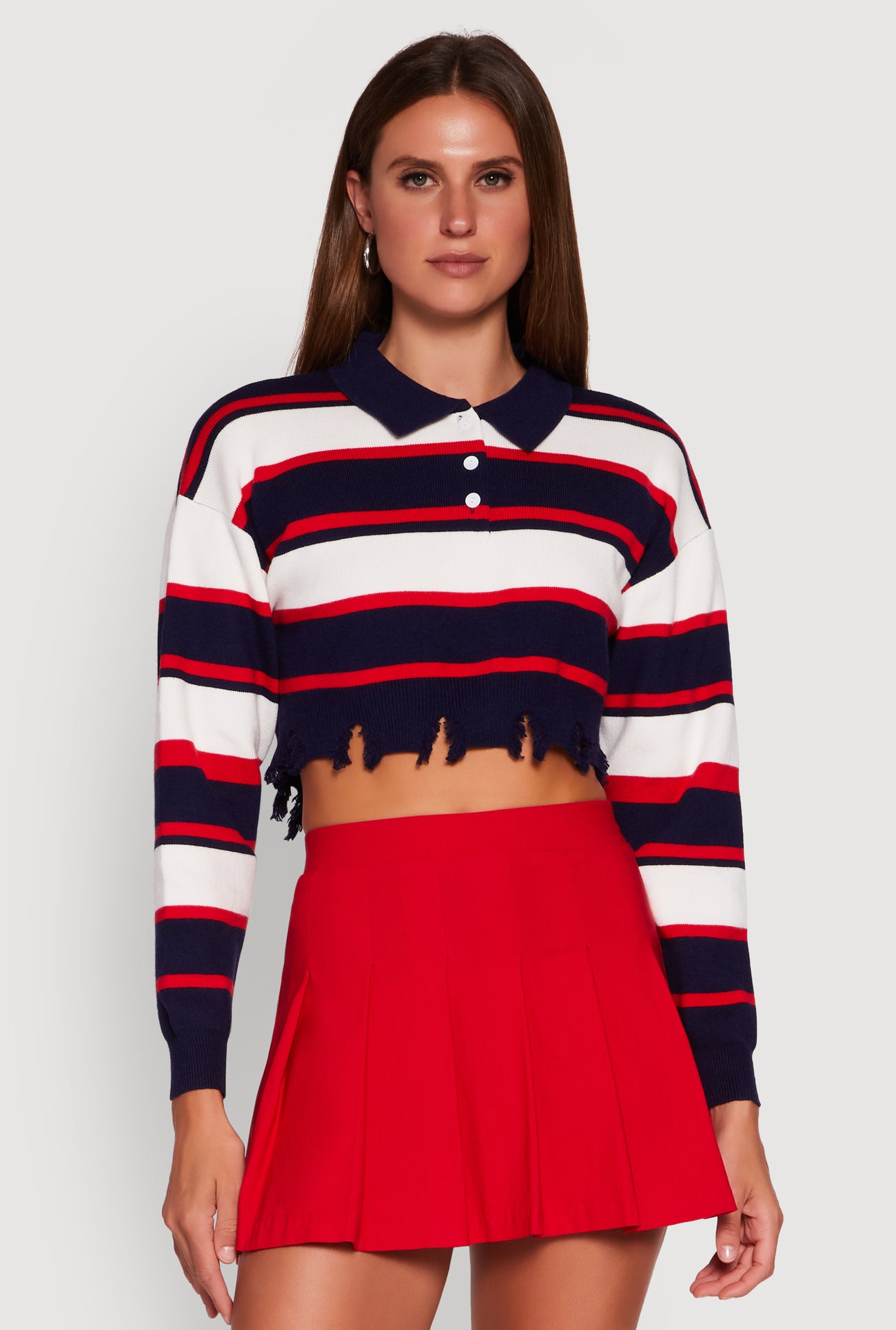 Striped Polo Collar Frayed Hem Crop Sweater