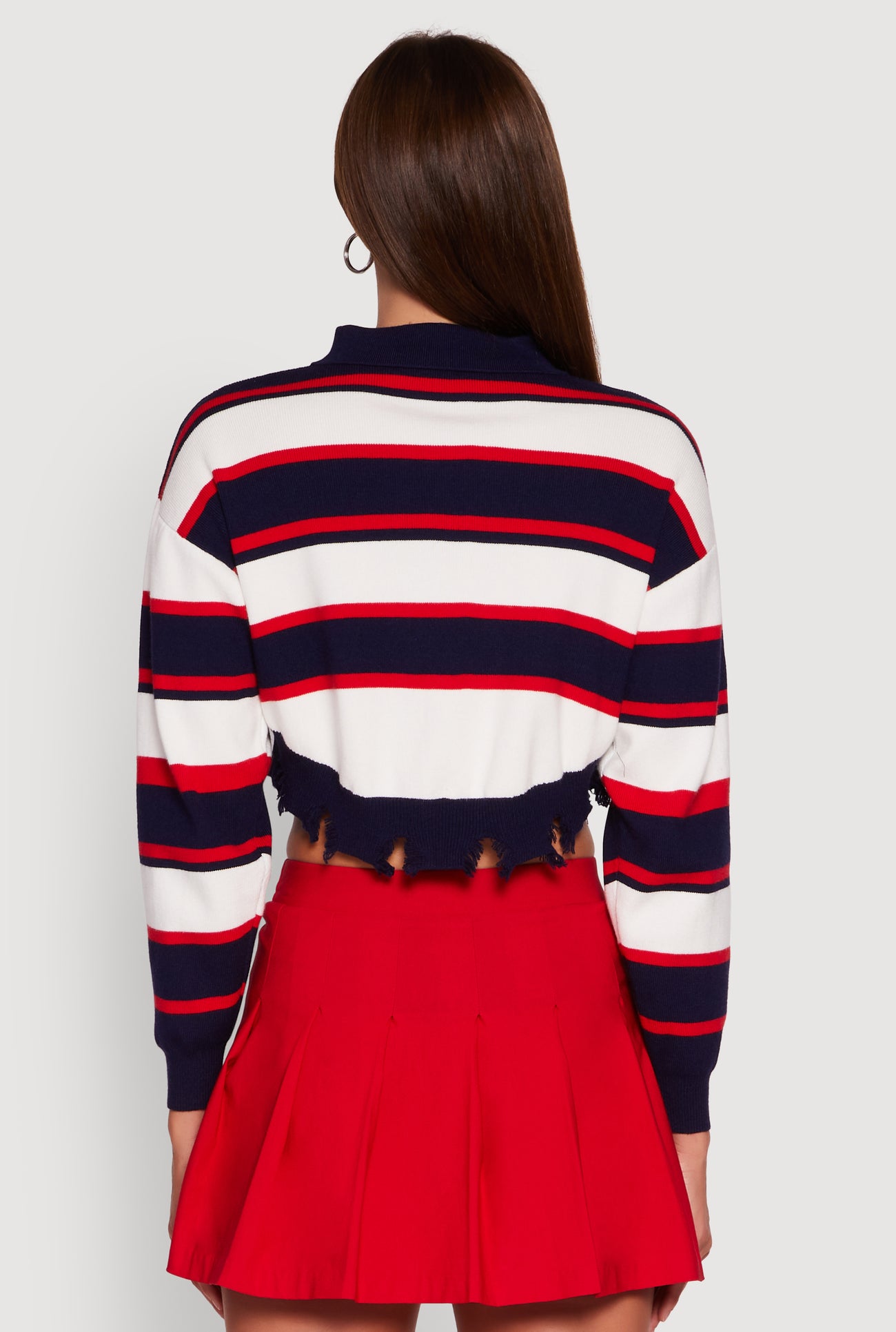 Striped Polo Collar Frayed Hem Crop Sweater