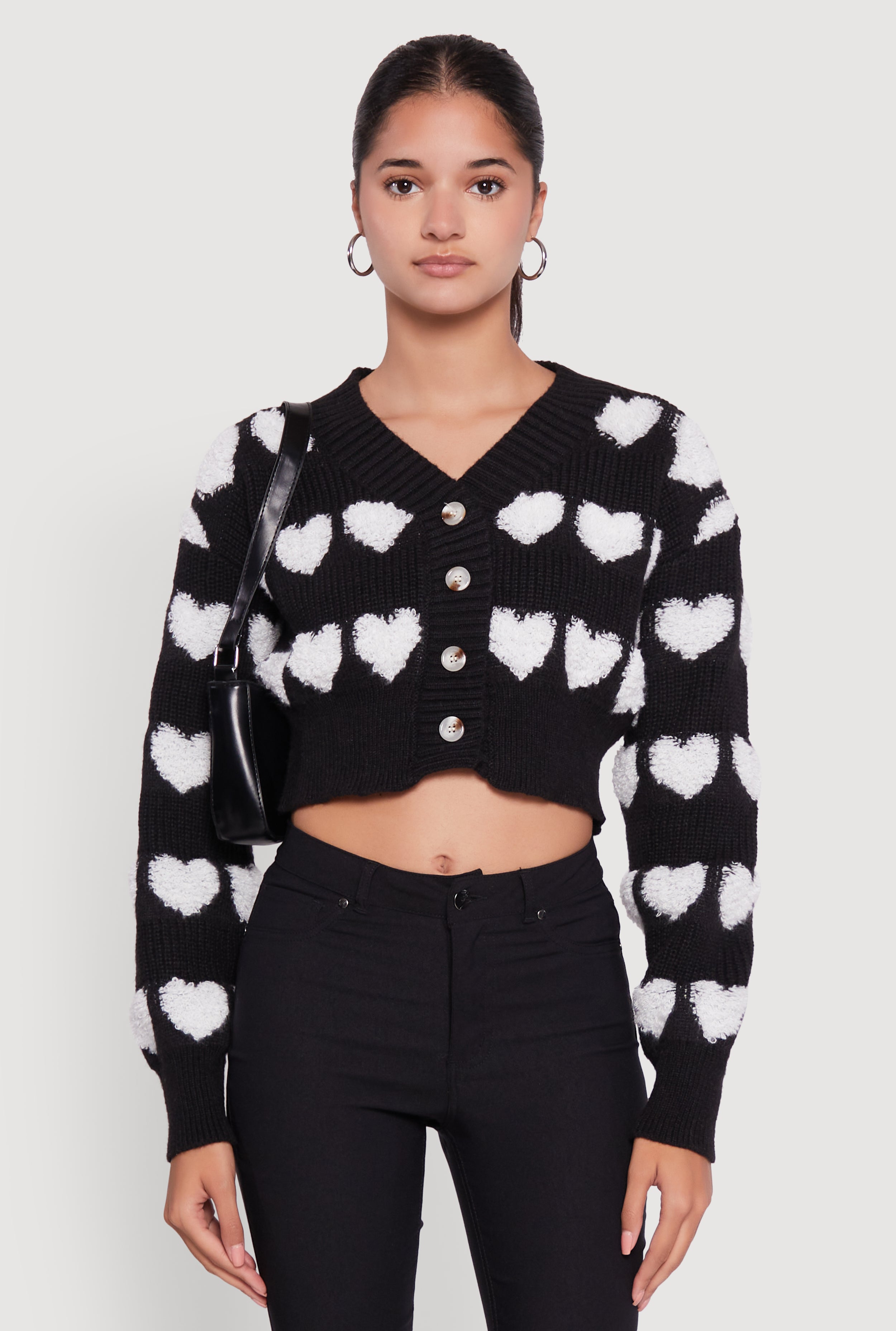 Chenille Heart Patterned Brushed Knit Cropped Cardigan