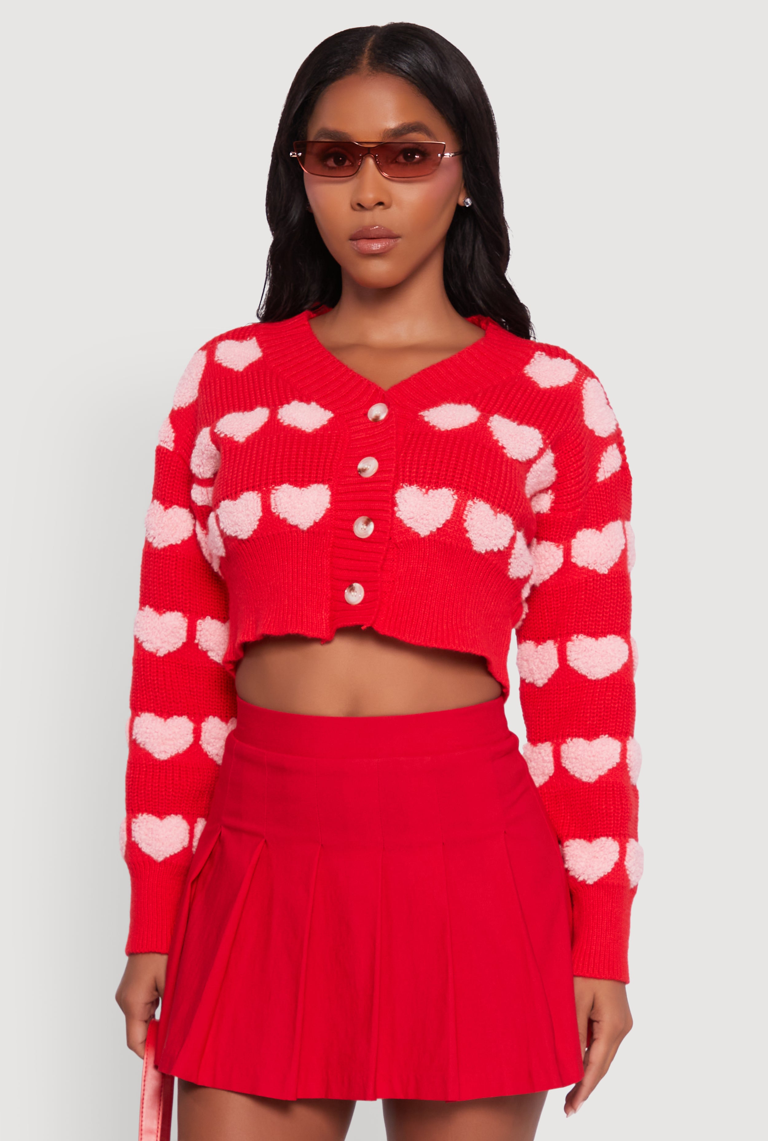Chenille Heart Patterned Brushed Knit Cropped Cardigan