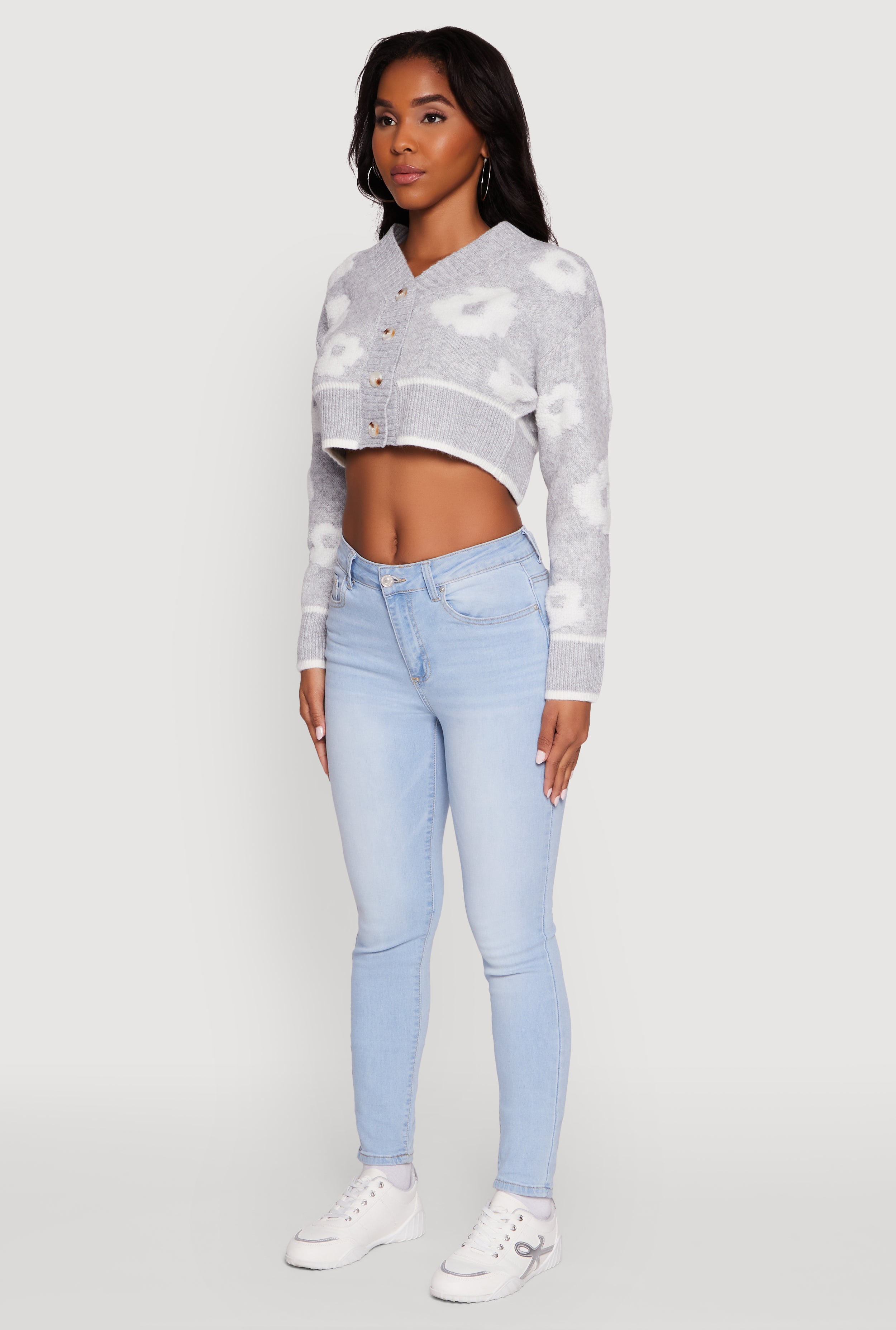 Chenille Floral Brushed Knit Cropped Cardigan
