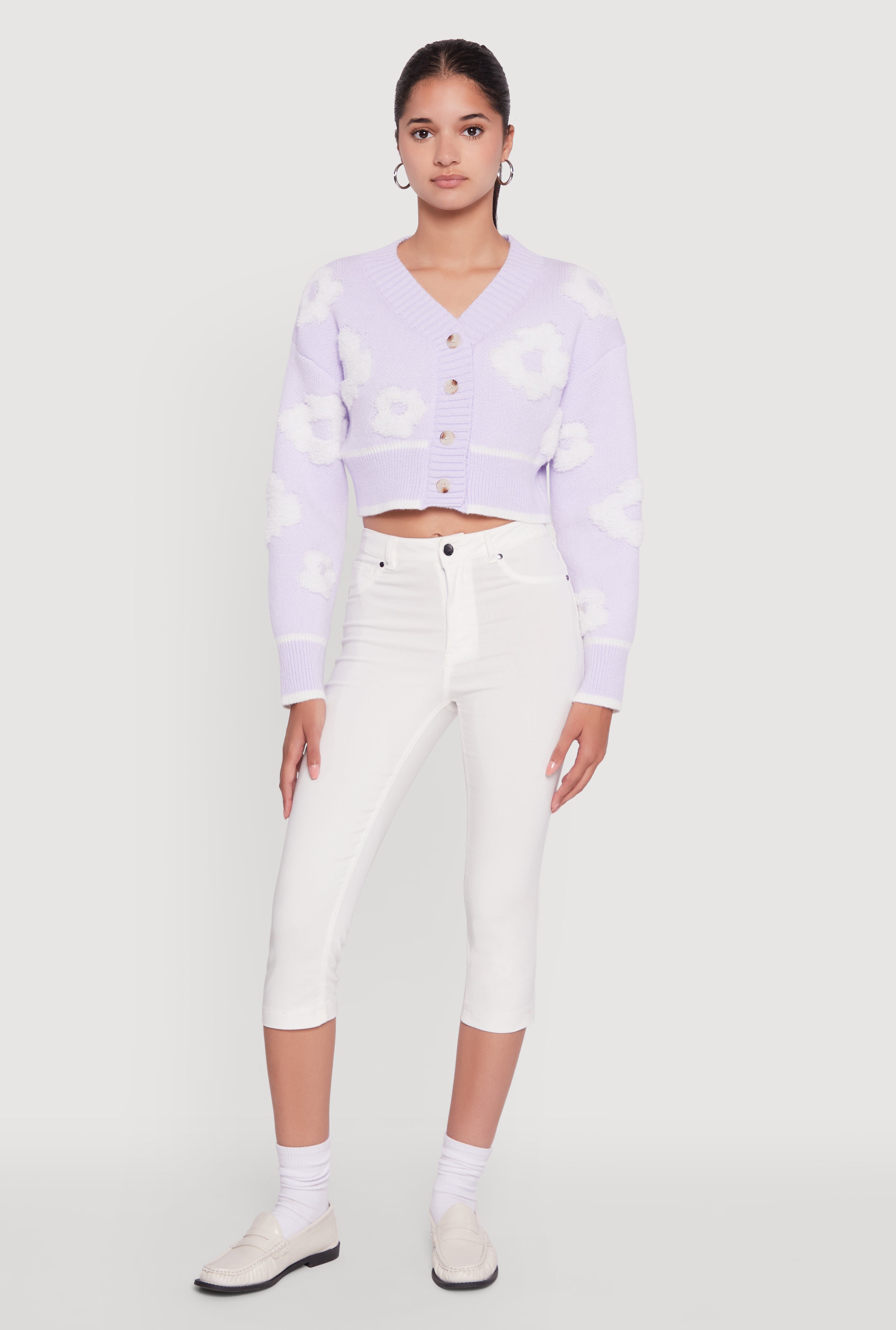 Chenille Floral Brushed Knit Cropped Cardigan