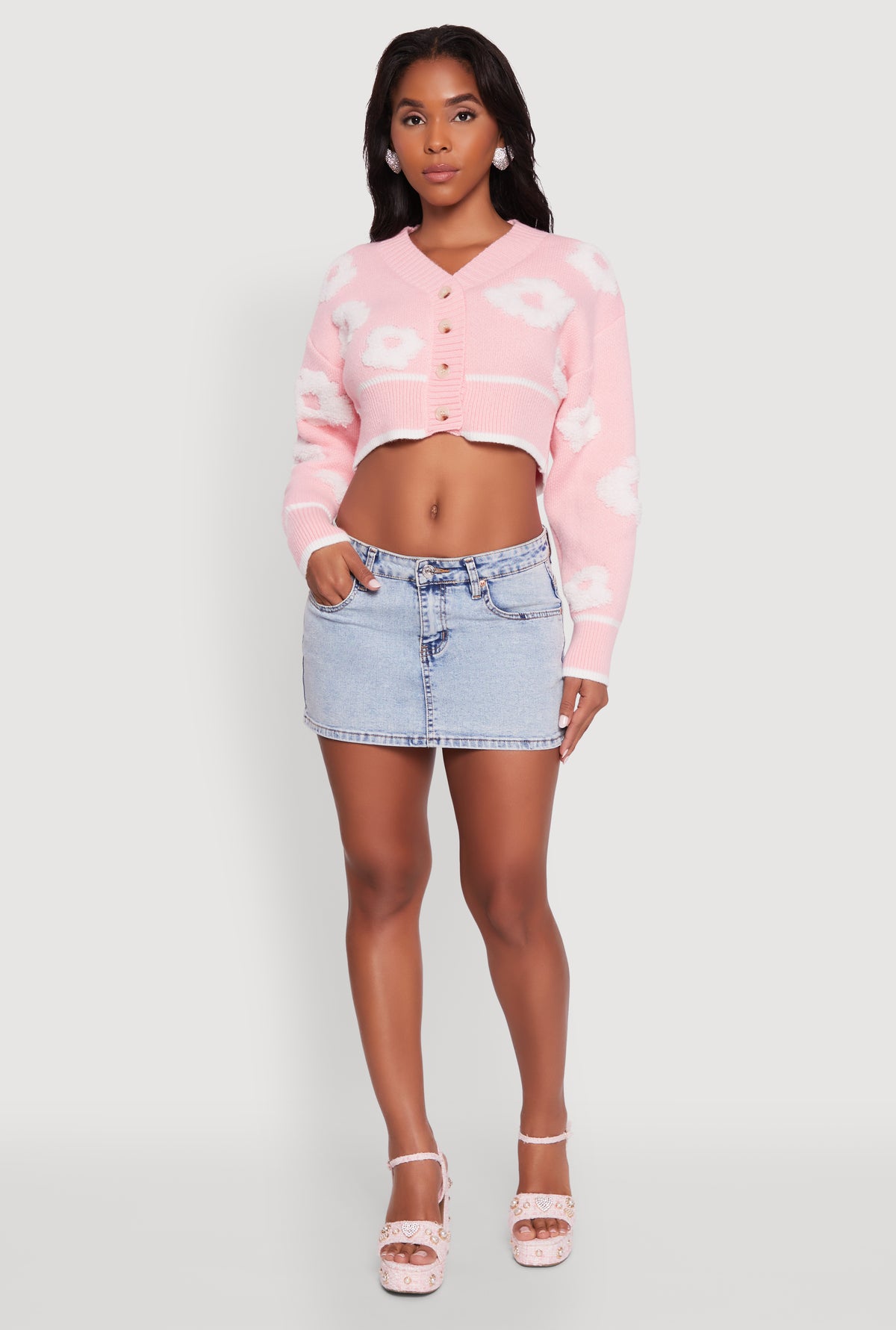 Chenille Floral Brushed Knit Cropped Cardigan