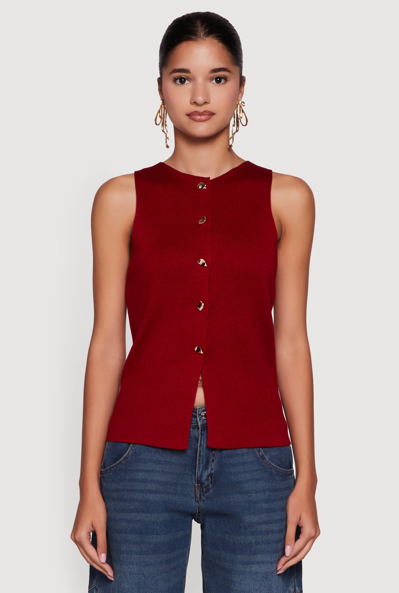Metallic Button Front Sleeveless Sweater