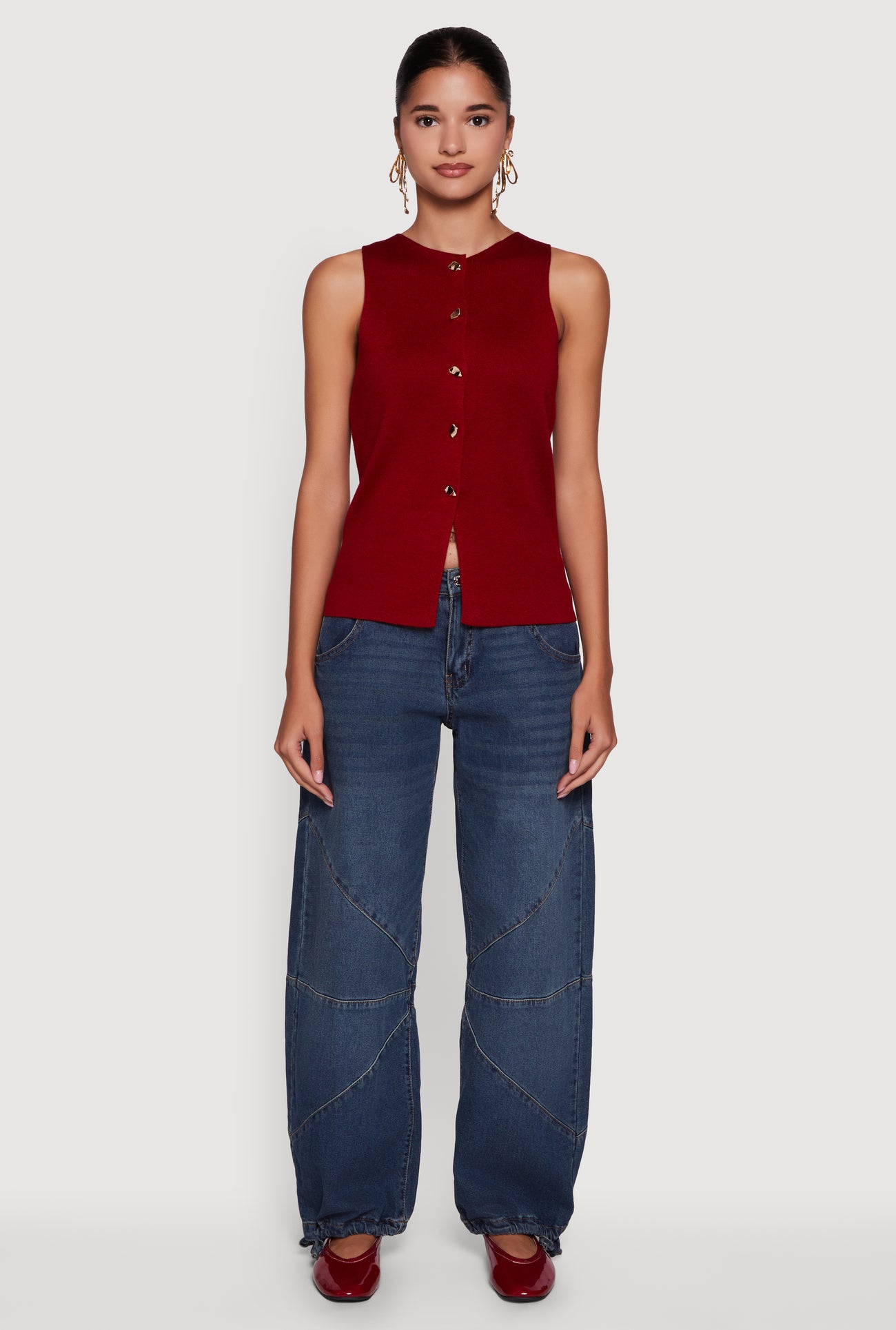 Metallic Button Front Sleeveless Sweater