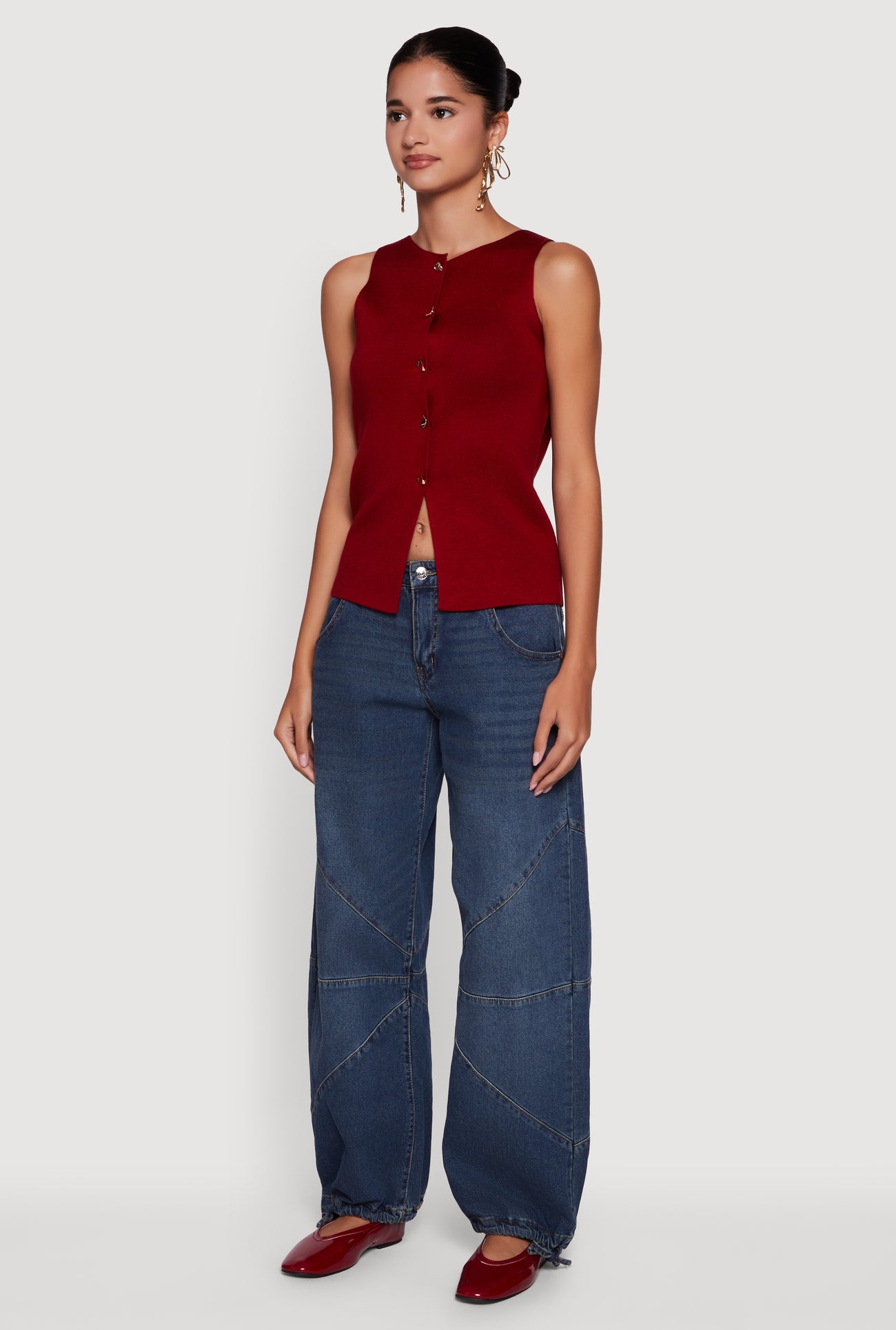 Metallic Button Front Sleeveless Sweater