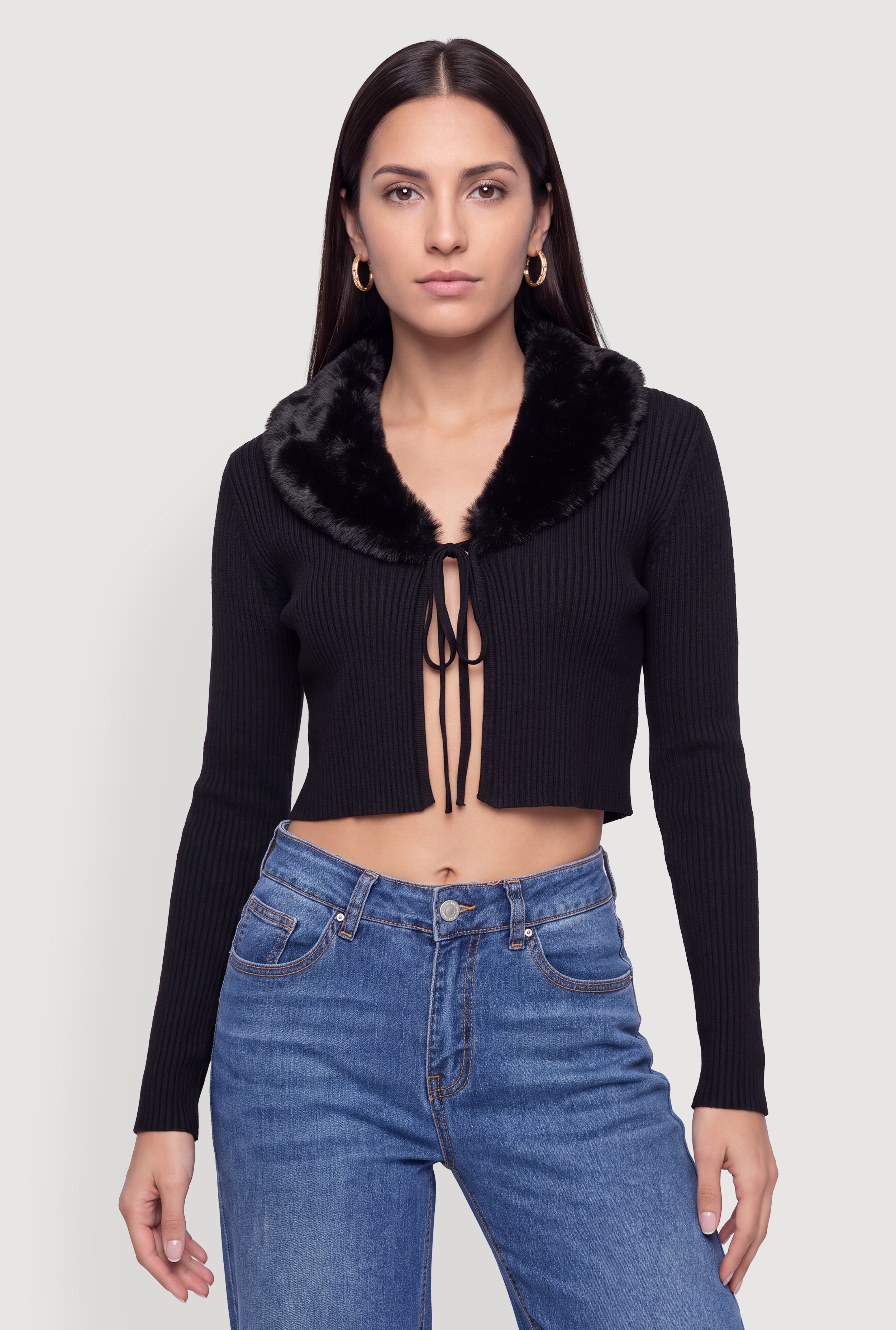 Tie Front Cropped Cardigan with Removable Fur Collar
