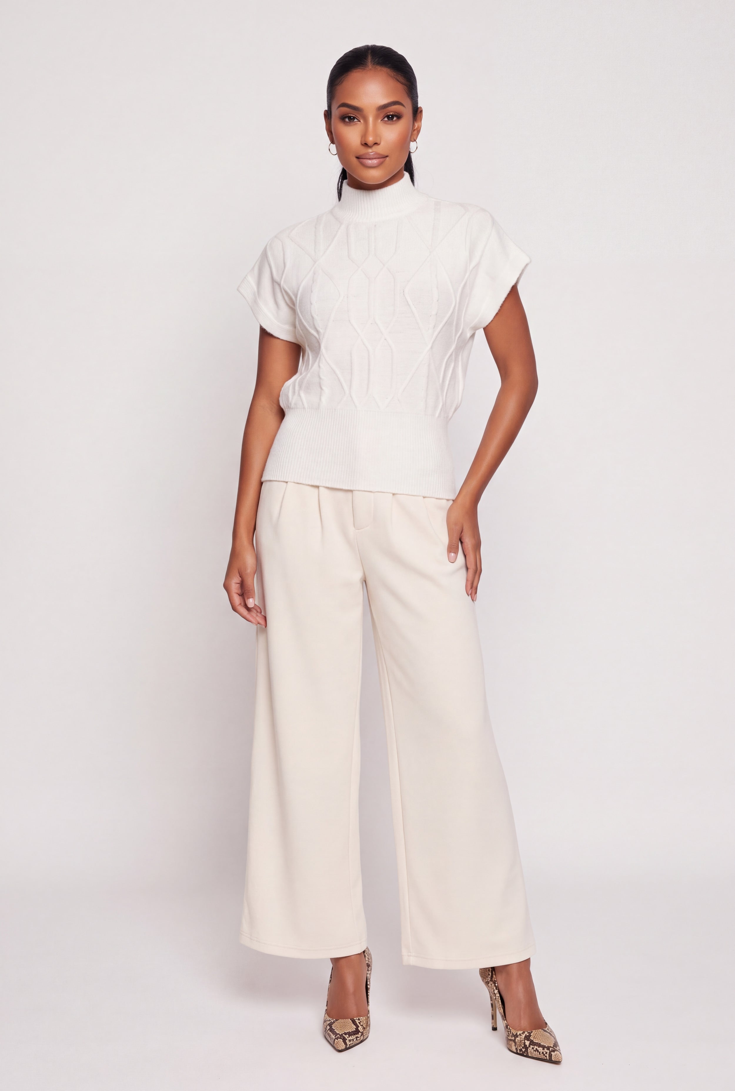 Cable Knit Mock Neck Short Sleeve Sweater