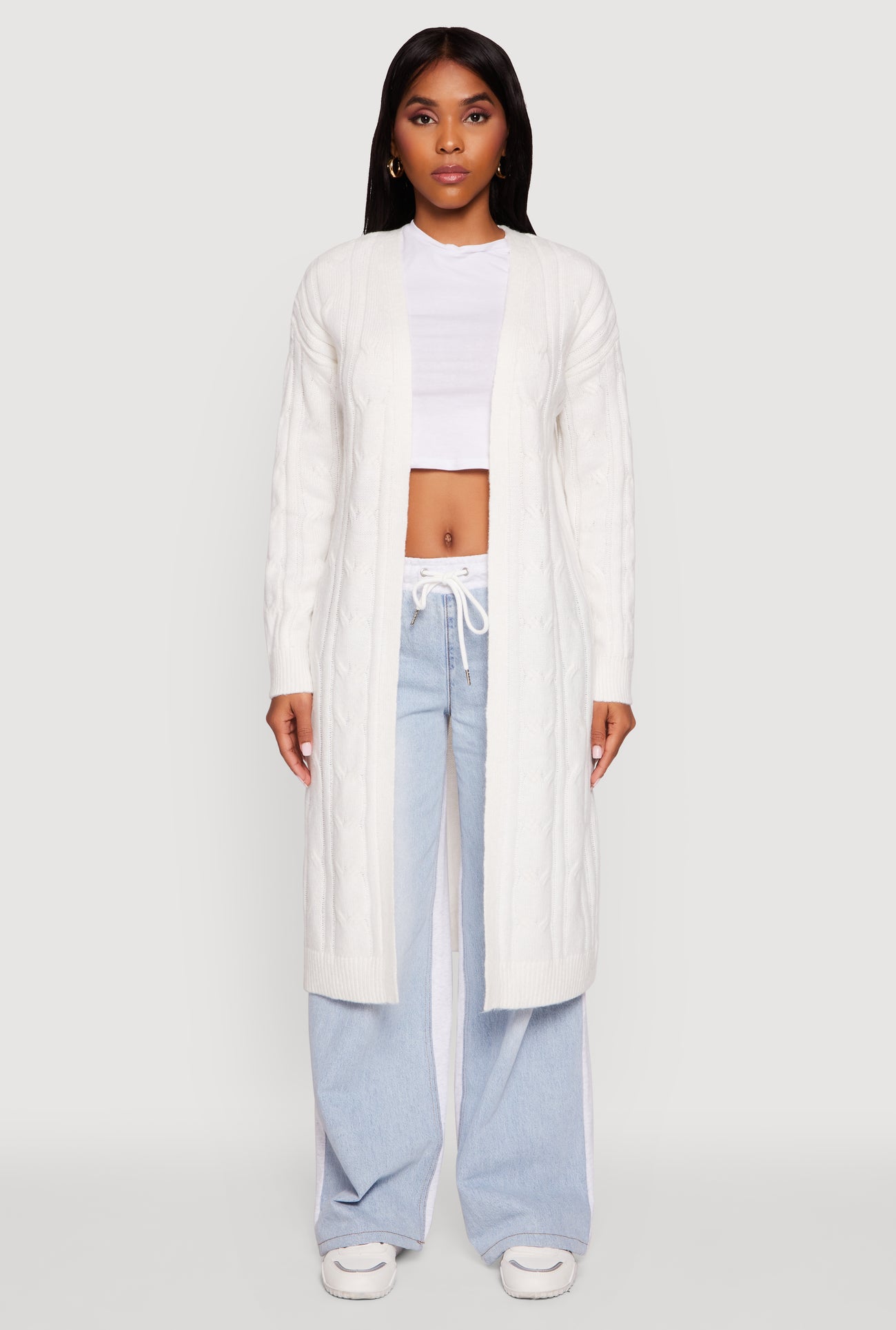 Cable Knit Open Front Long Cardigan