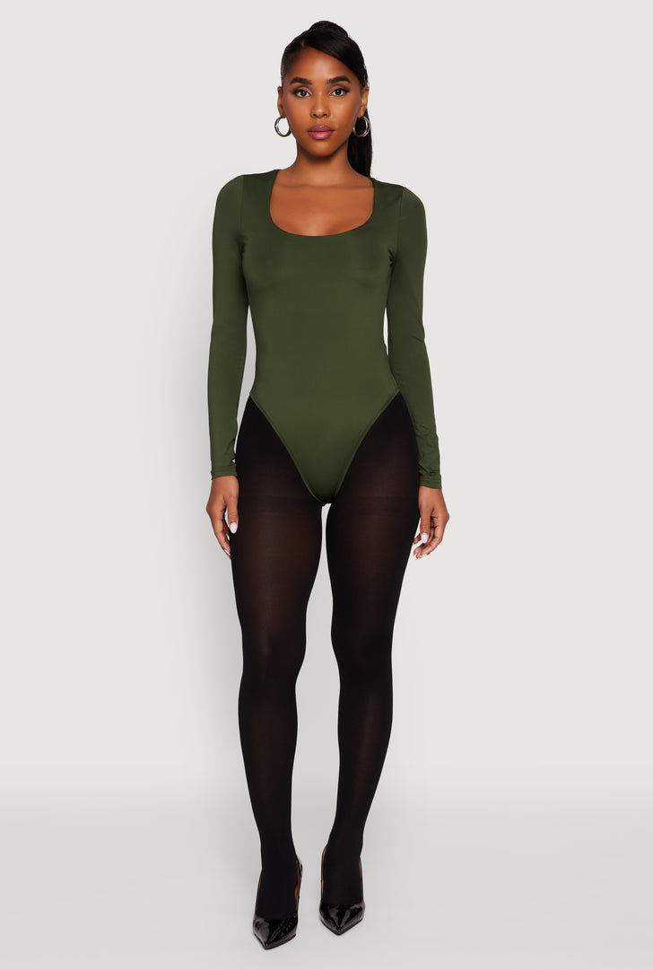 Women's V-Neck Long Sleeve Bodysuit – Stretchy Cotton Leotard Top In Army Green
