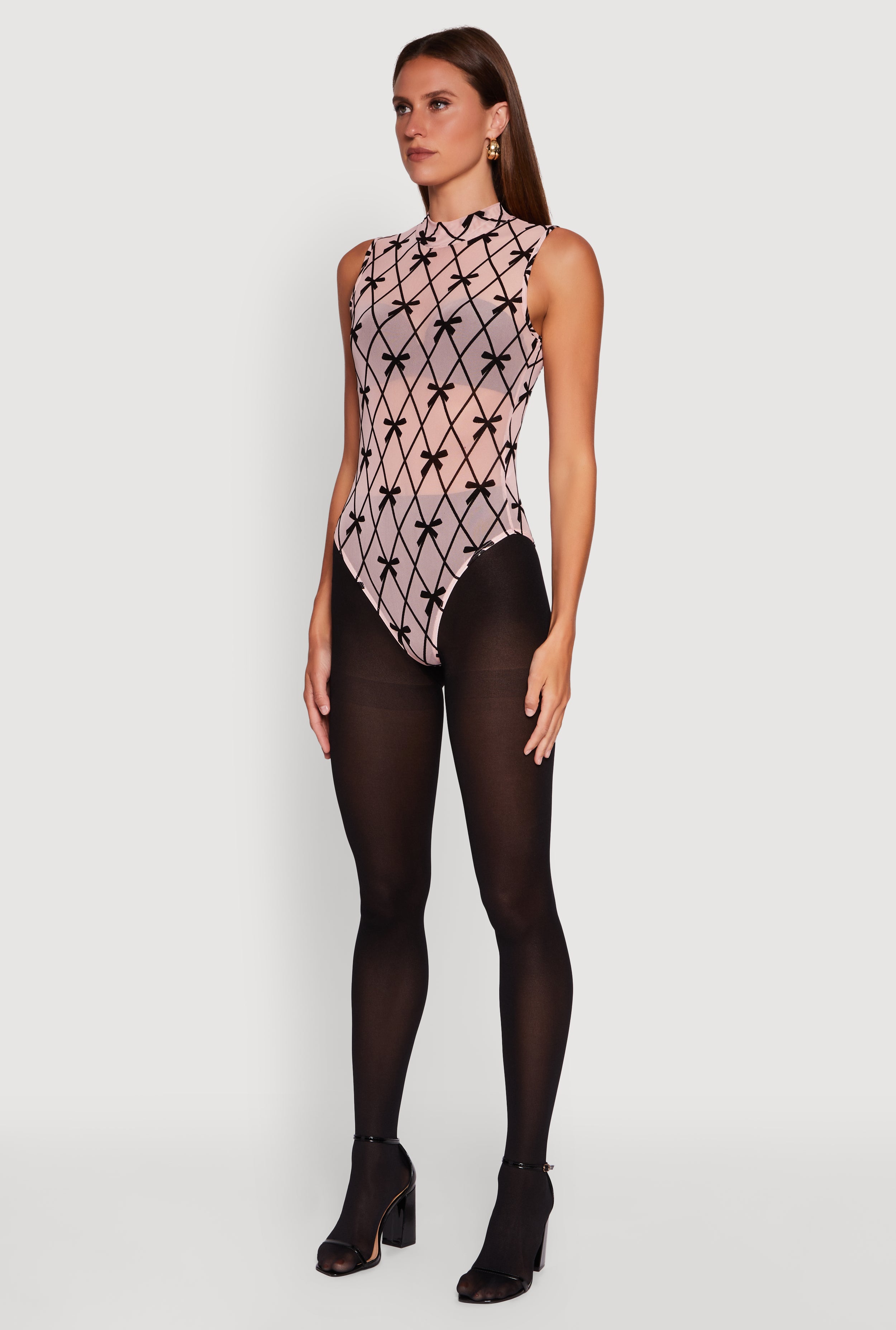 Sleeveless Mock Neck Velvet Burnout Patterned Mesh Bodysuit