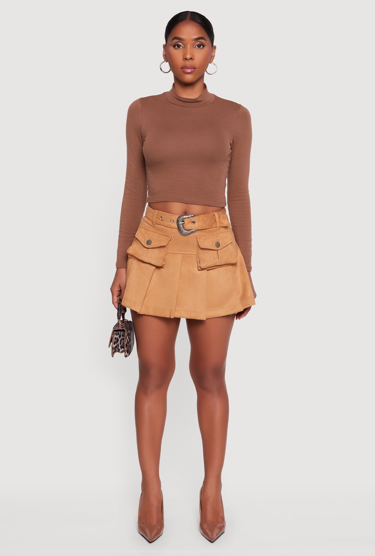Faux Suede Pleated Cargo Skirt with Western Buckle Belt