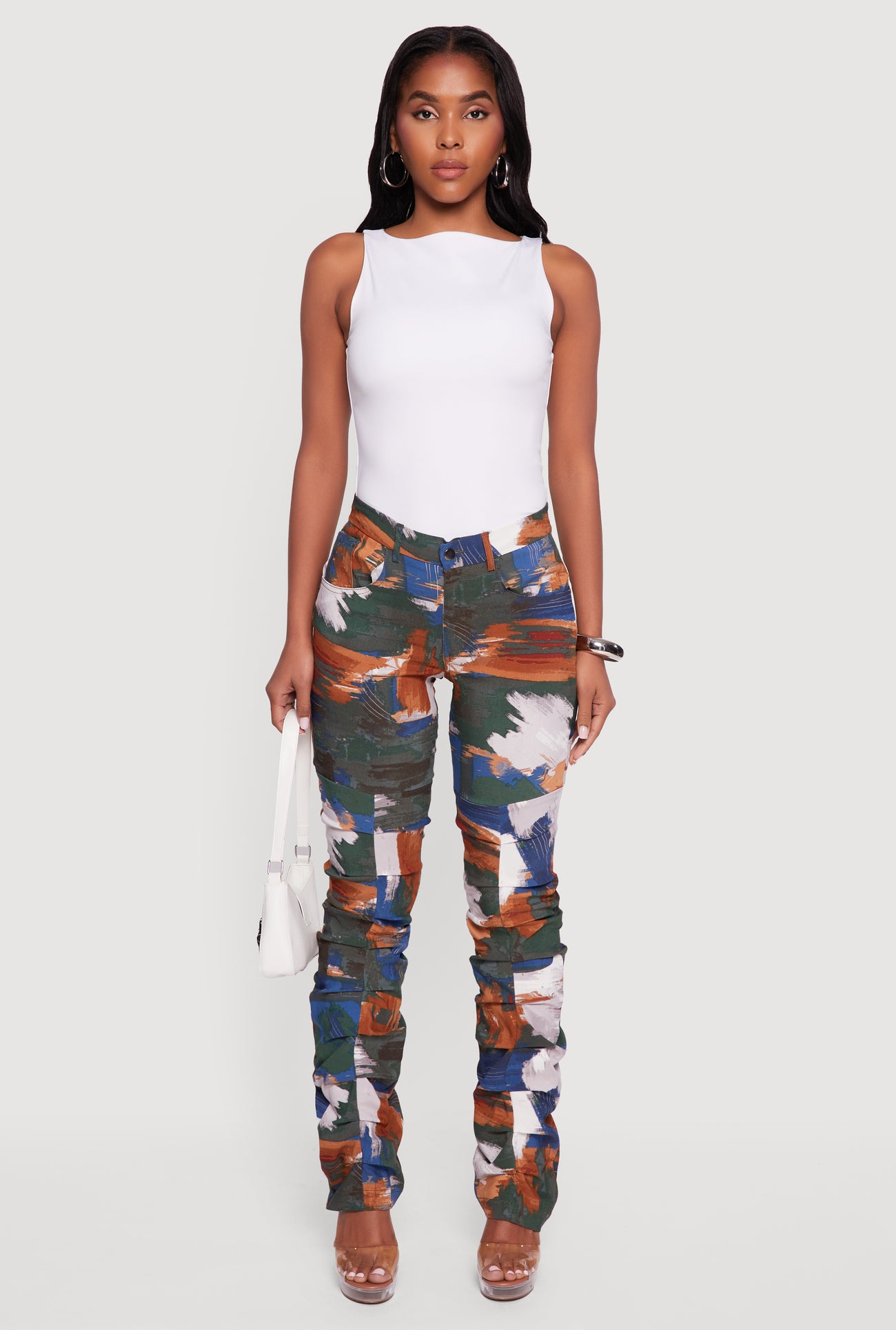 Brush Stroke Patterned Stacked Straight Leg Pants