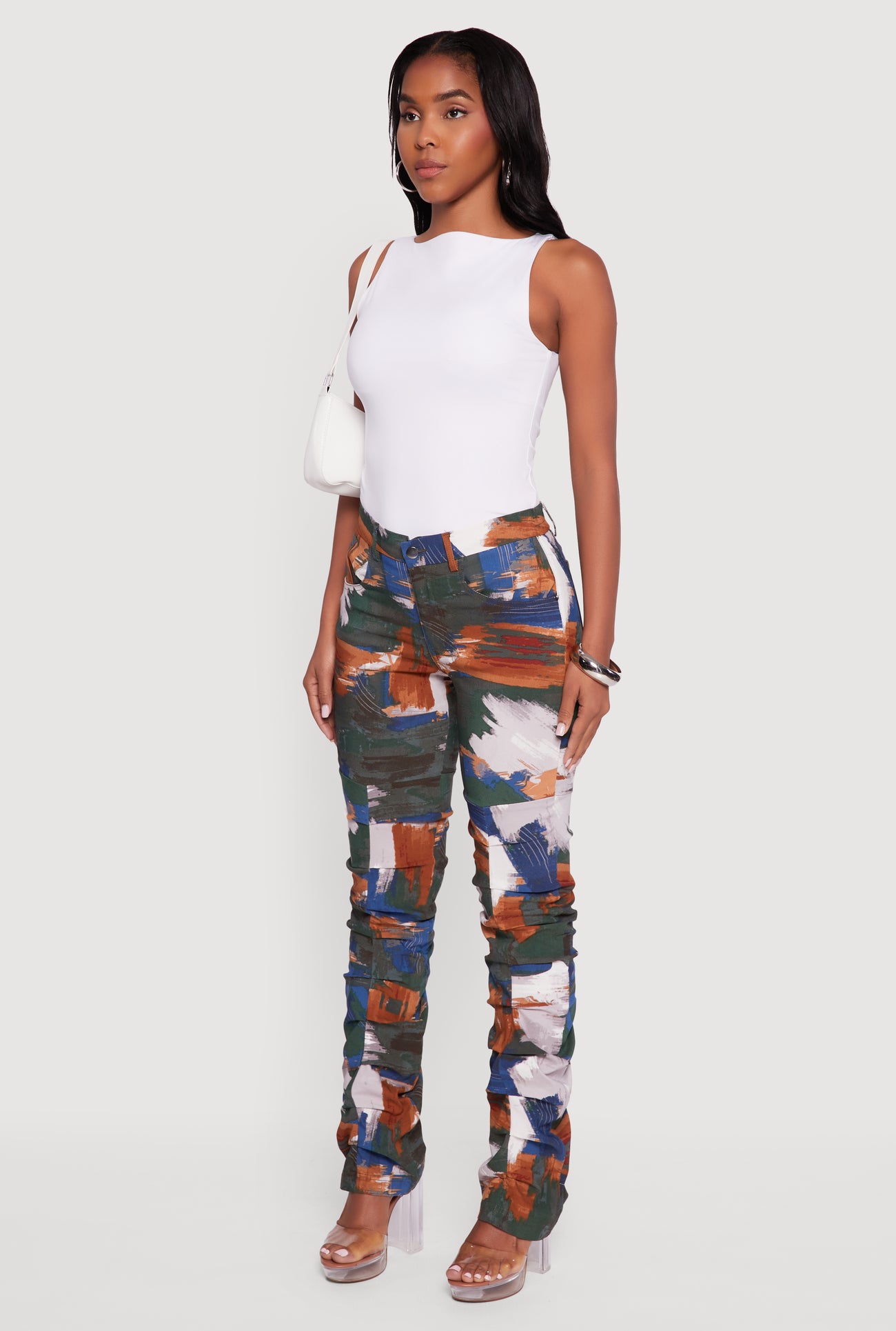 Brush Stroke Patterned Stacked Straight Leg Pants