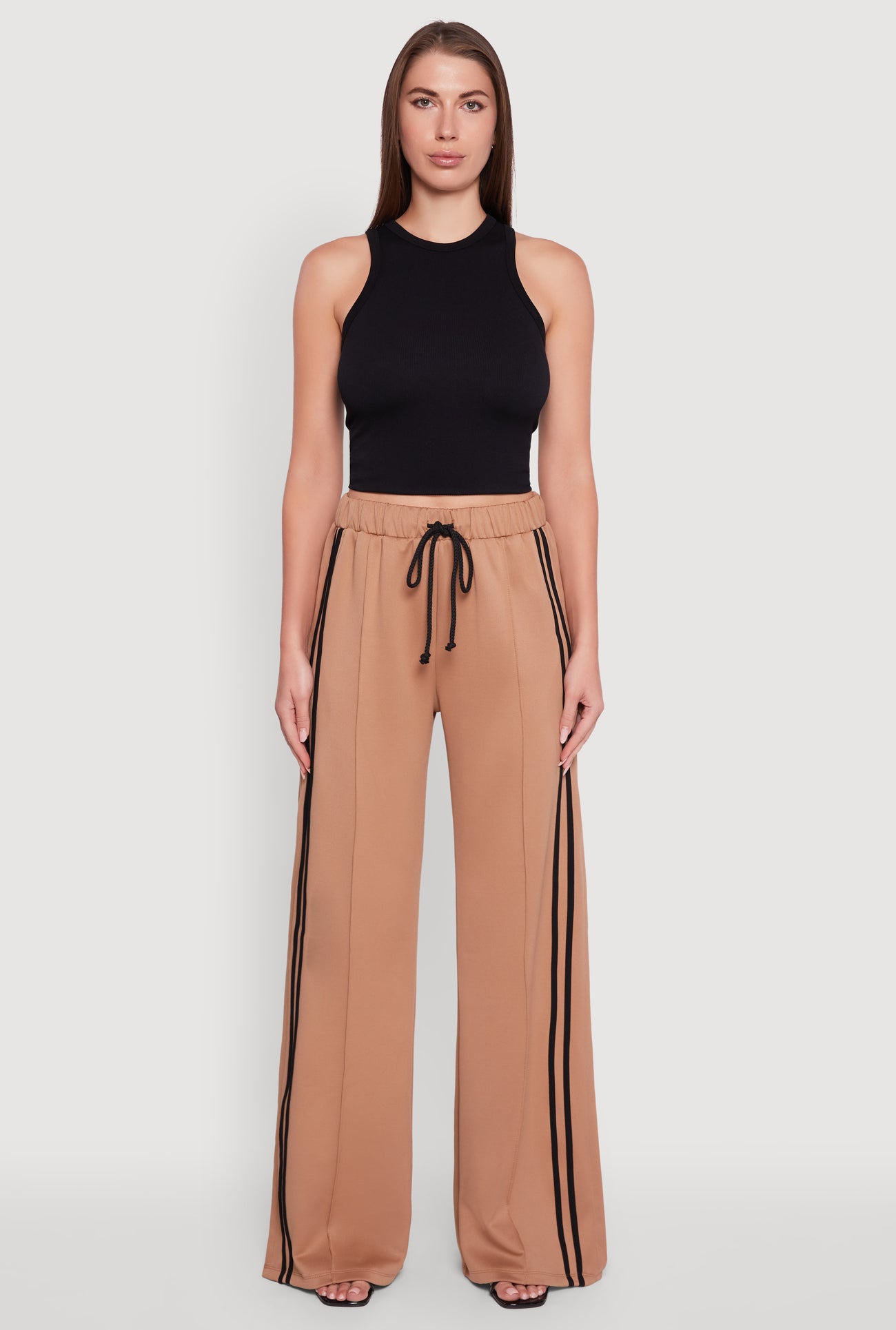 Varsity Stripe Side Slit Pintuck Wide Leg Pants