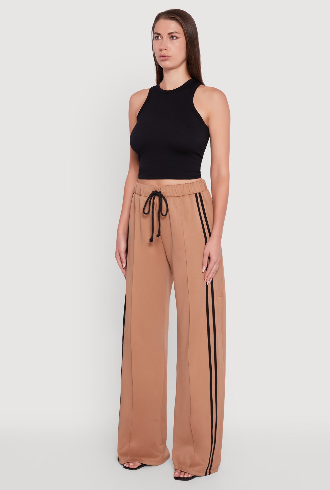 Varsity Stripe Side Slit Pintuck Wide Leg Pants