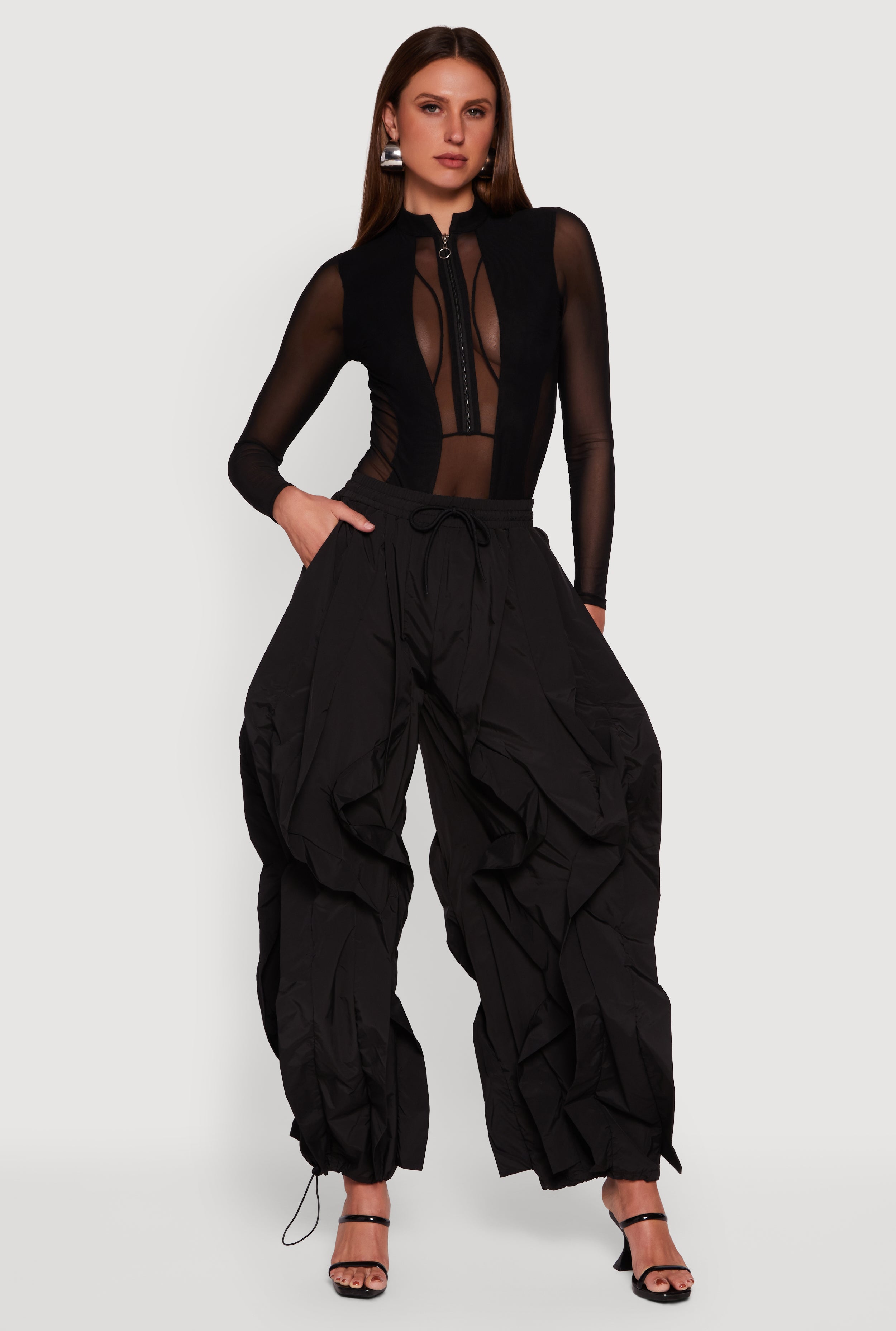 Drawstring Waist Ruffle Parachute Pants