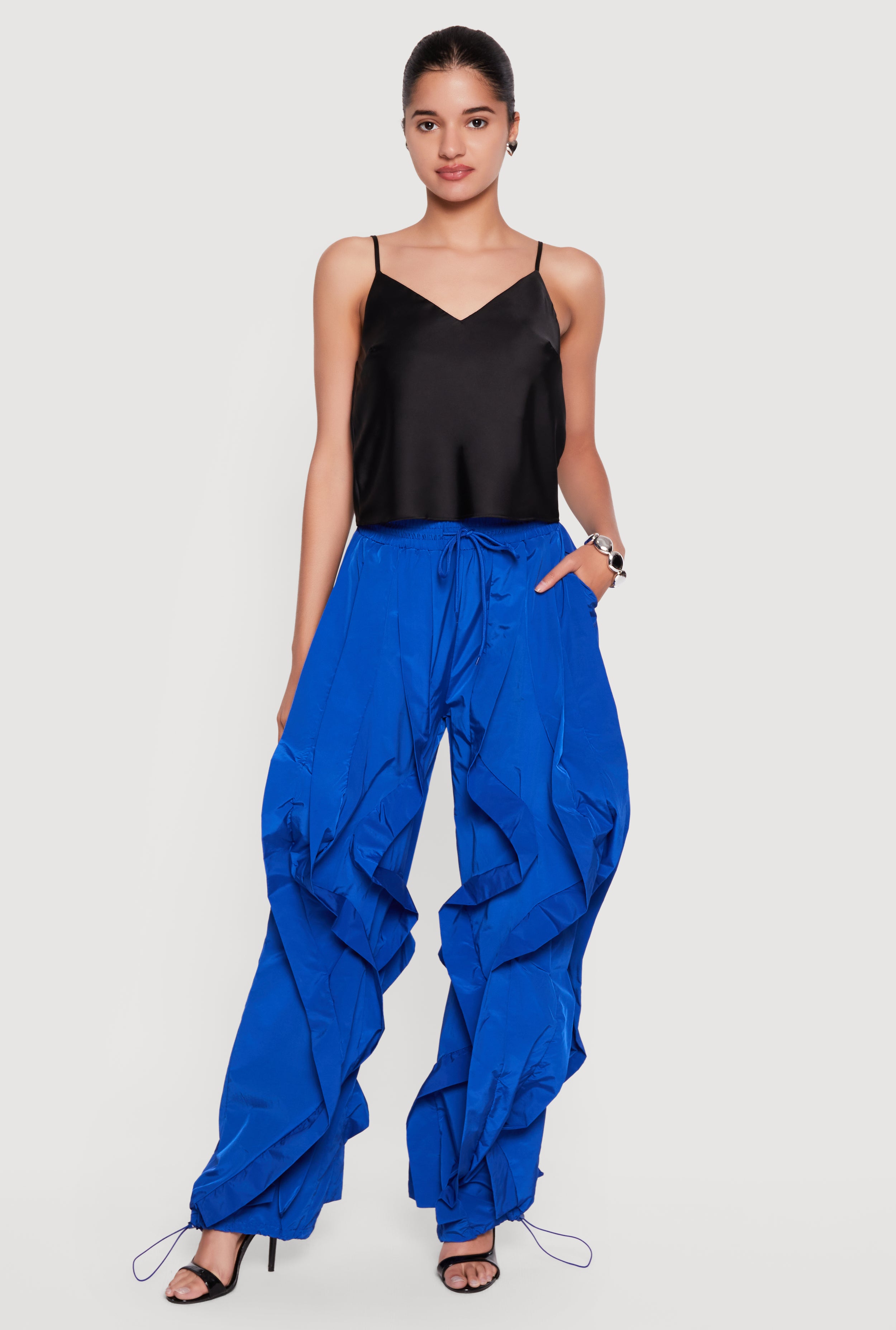 Drawstring Waist Ruffle Parachute Pants