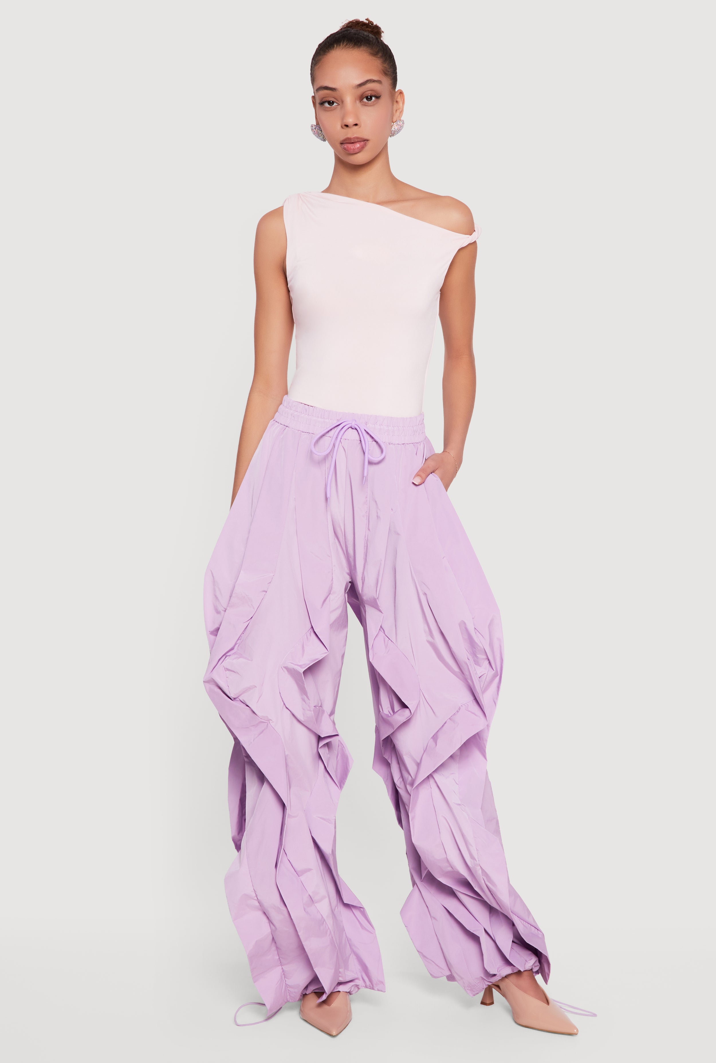 Drawstring Waist Ruffle Parachute Pants