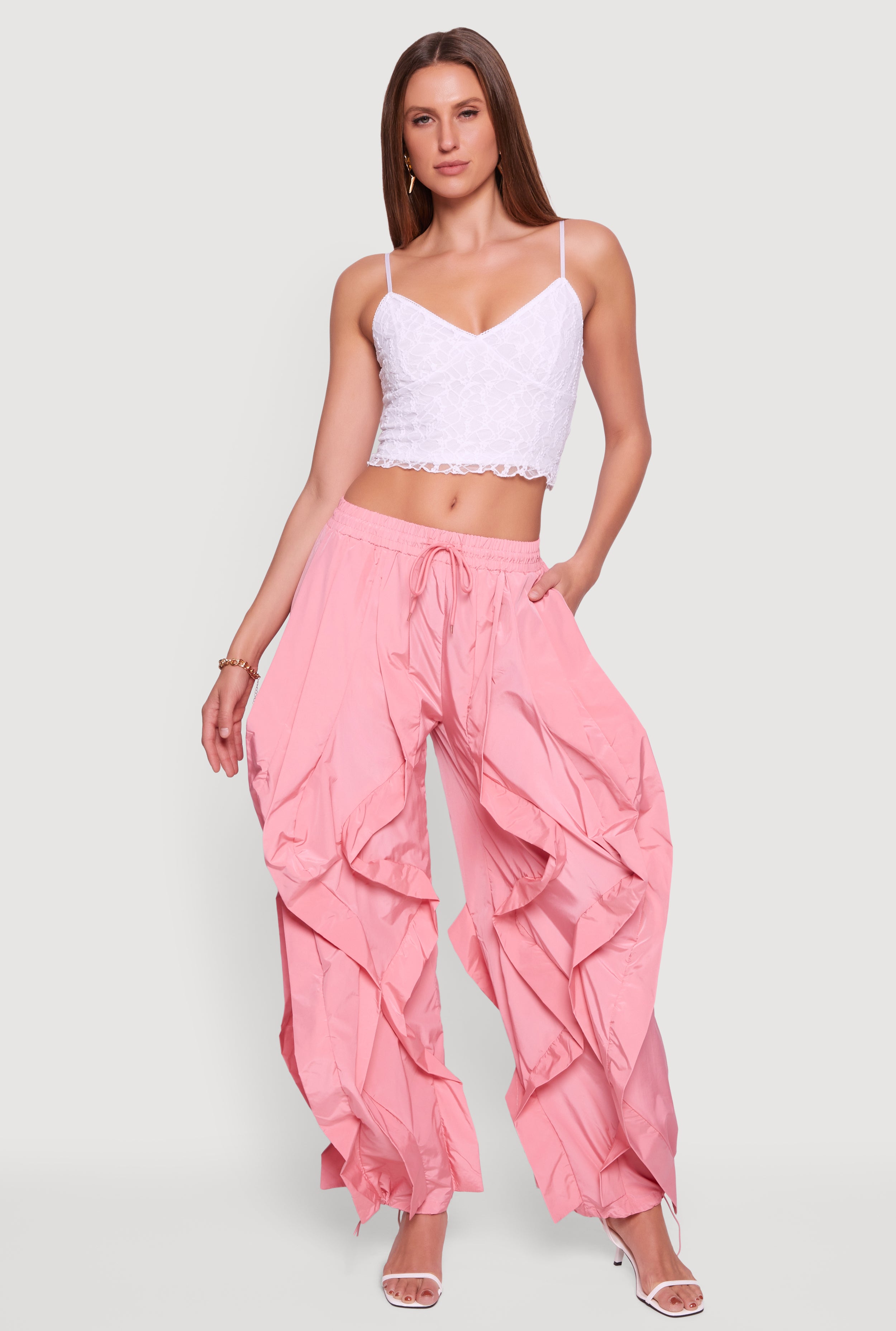 Drawstring Waist Ruffle Parachute Pants