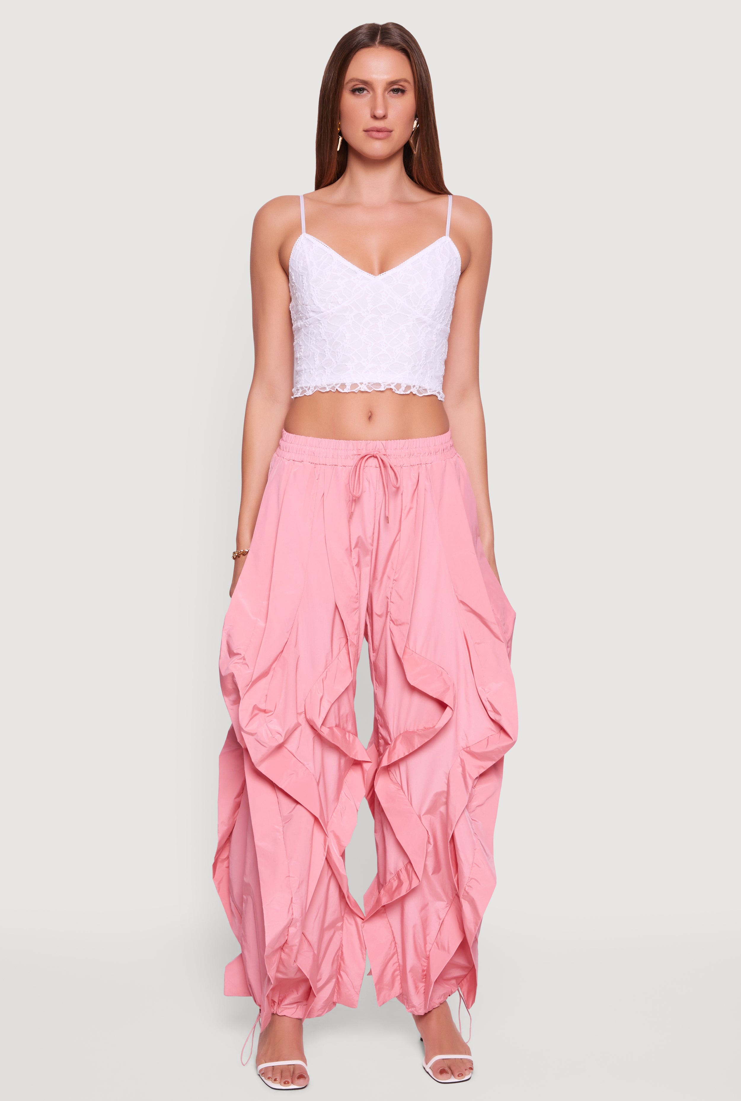 Drawstring Waist Ruffle Parachute Pants