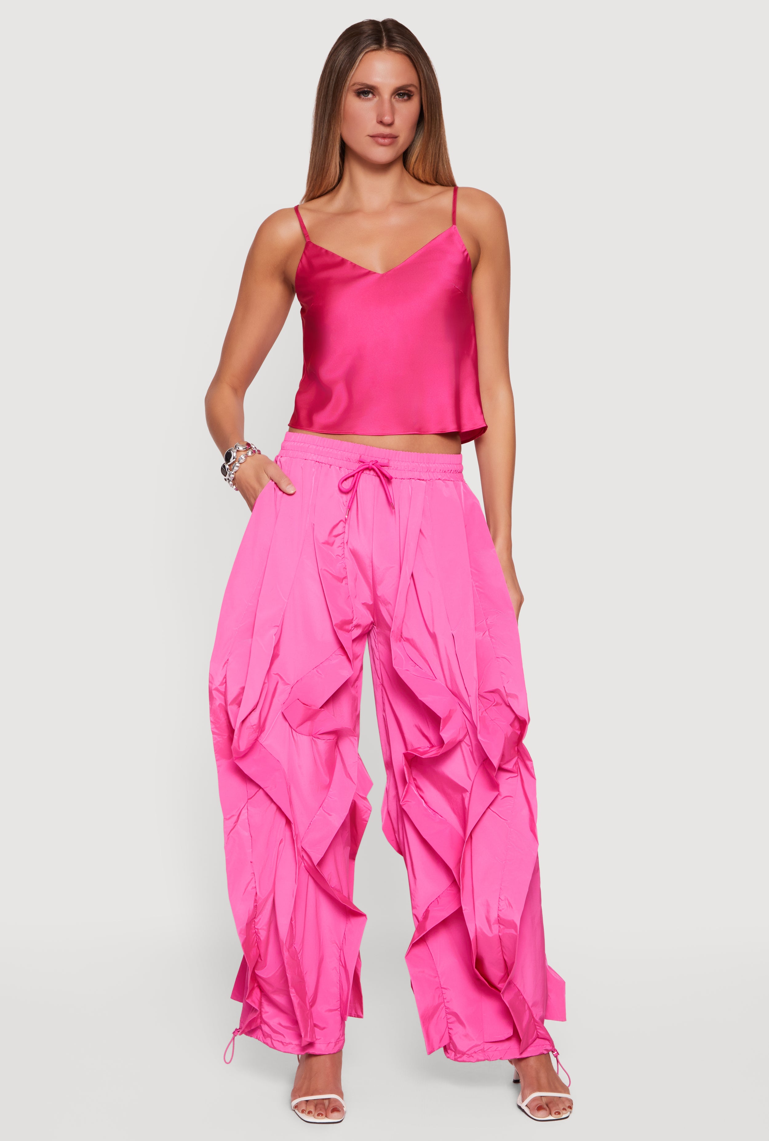 Drawstring Waist Ruffle Parachute Pants