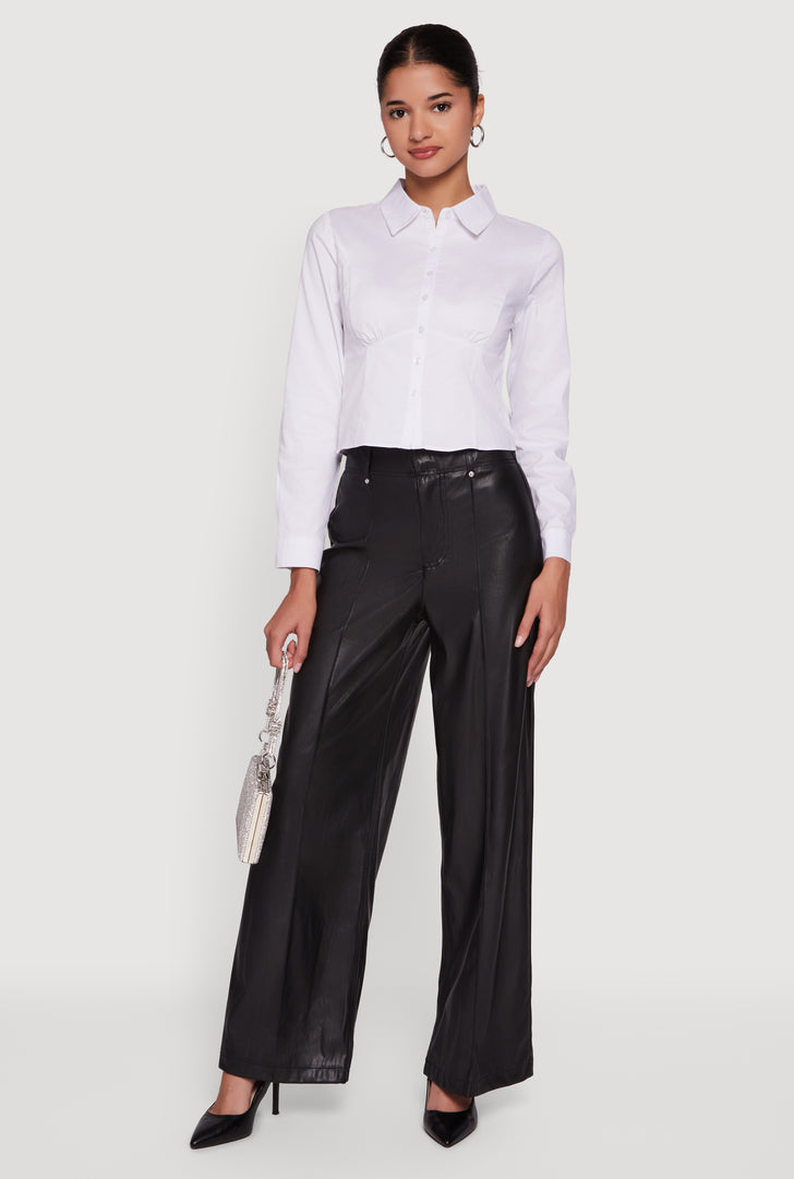 slim fit dress slacks ELENAREVA Black Faux Leather Straight-Leg Pants