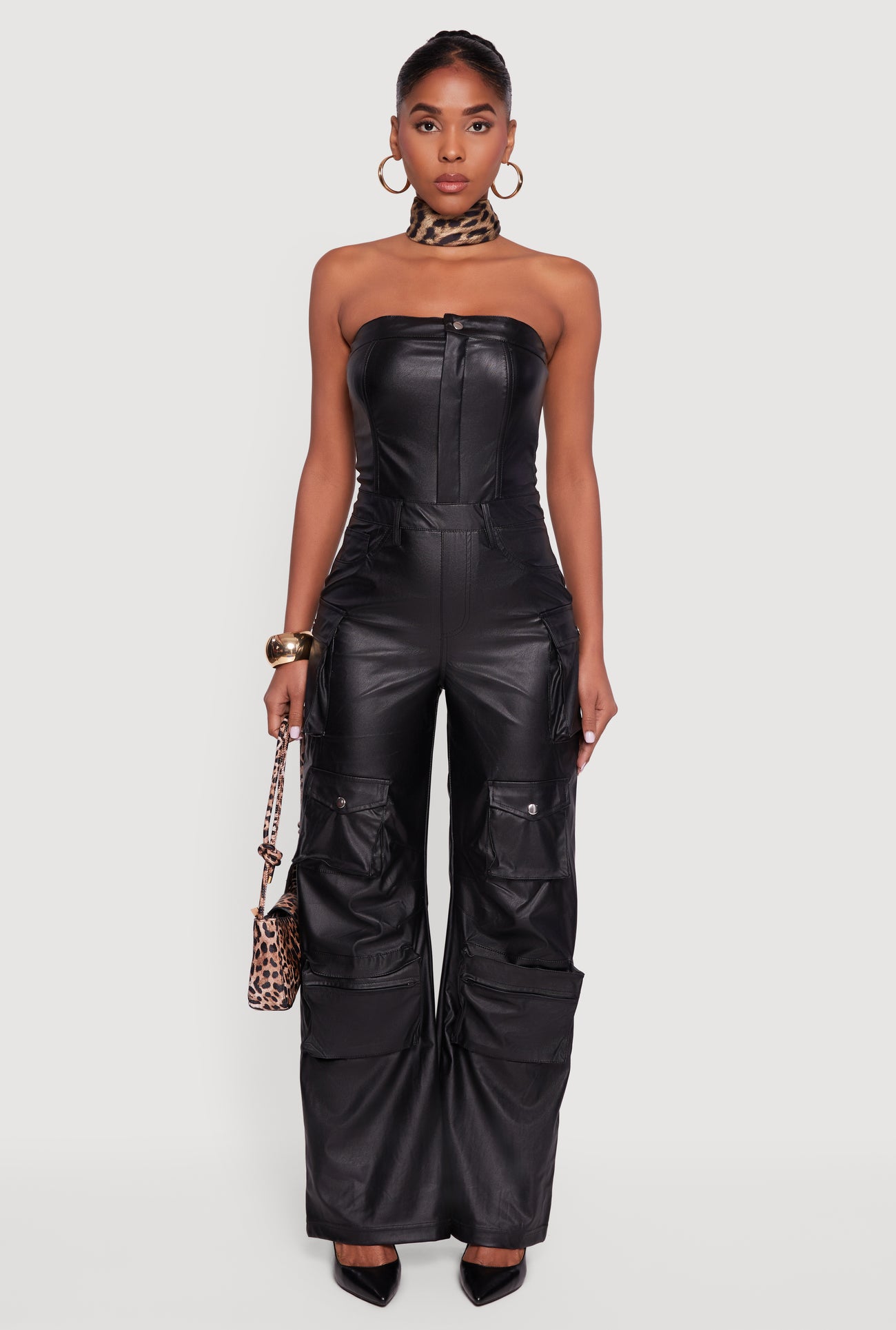 Faux Leather Strapless Cargo Pocket Wide Leg Jumpsuit