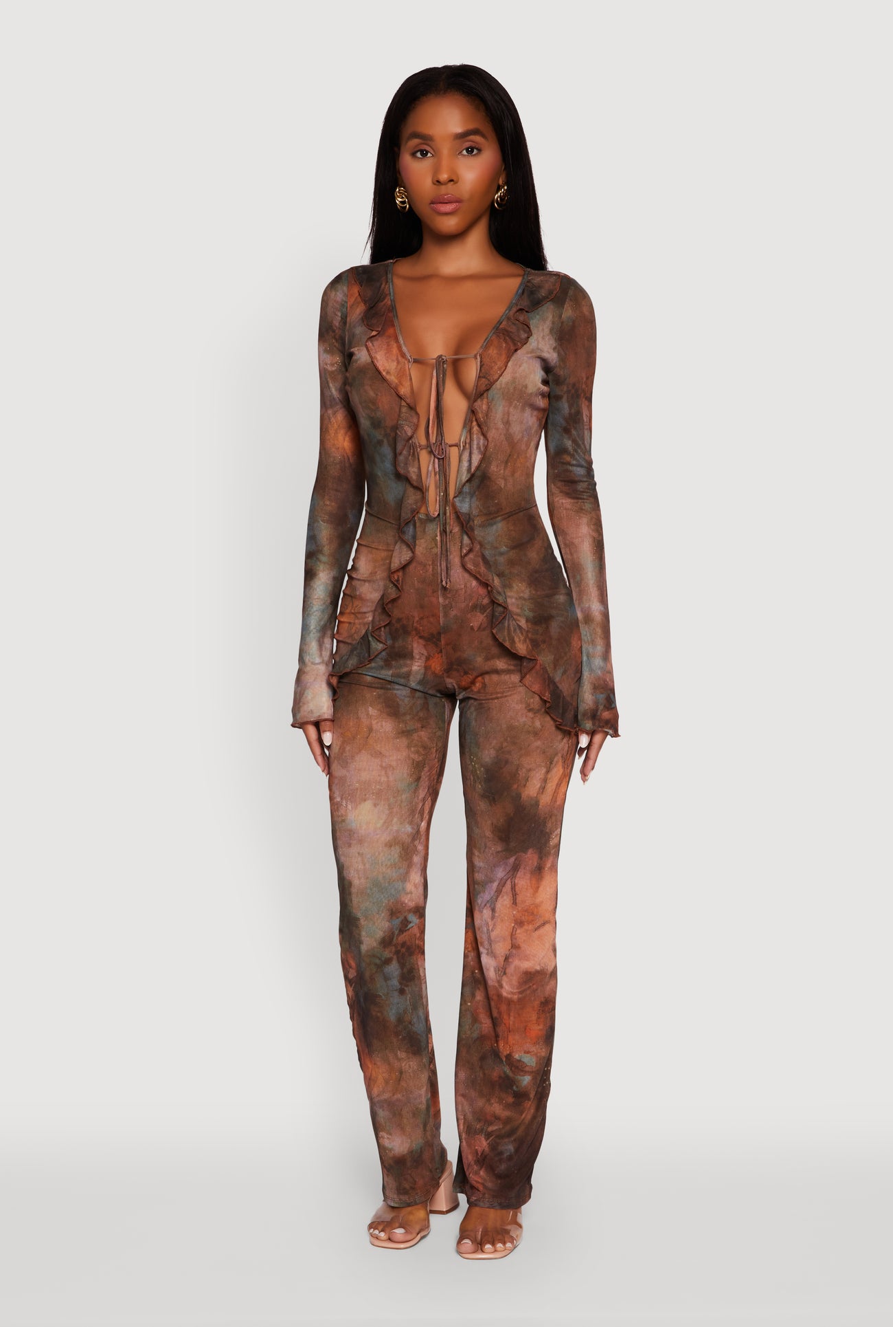 Printed Mesh Long Sleeve Ruffle Overlay Jumpsuit
