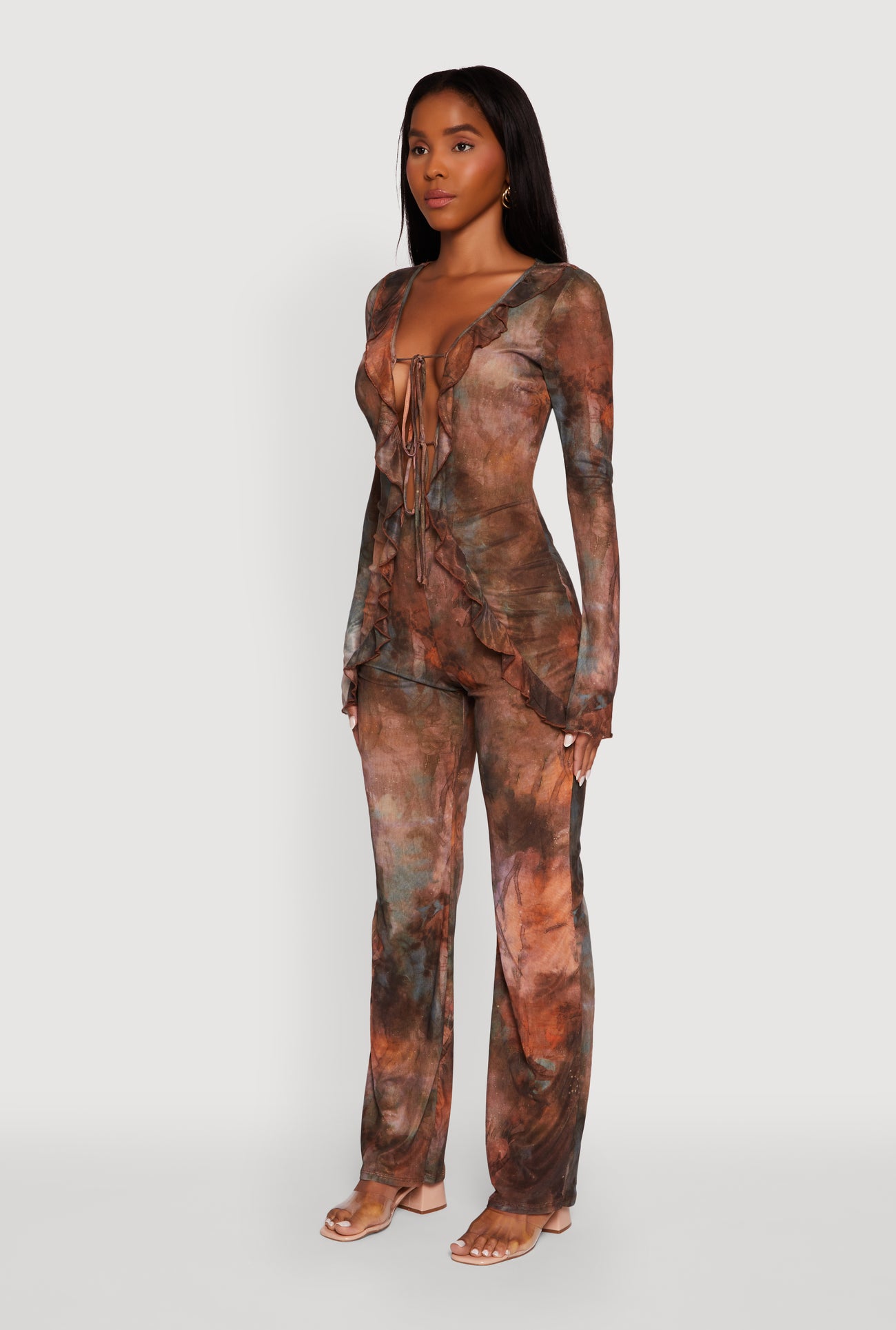 Printed Mesh Long Sleeve Ruffle Overlay Jumpsuit