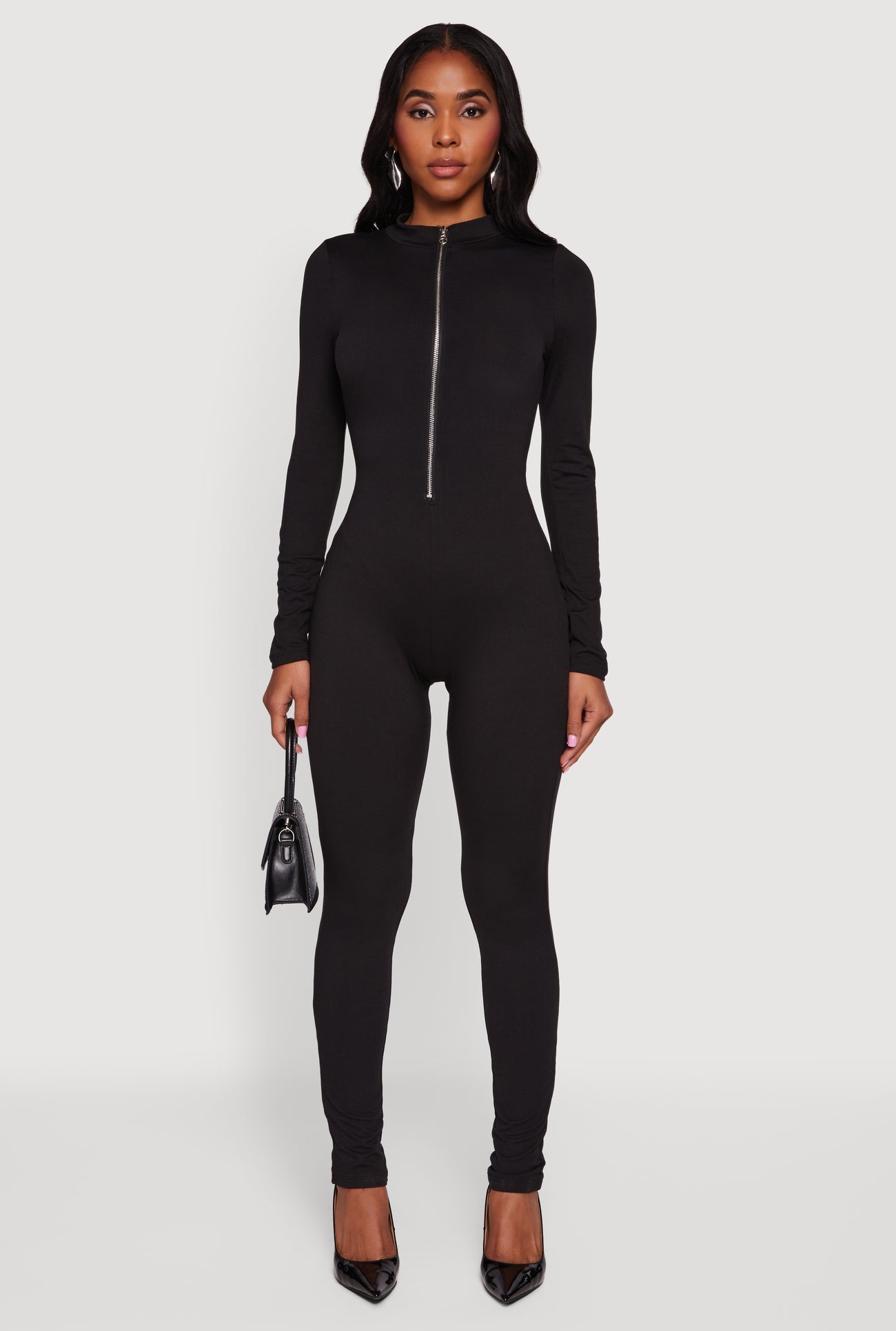 Mock Neck Zip Front Fleece Lined Jumpsuit