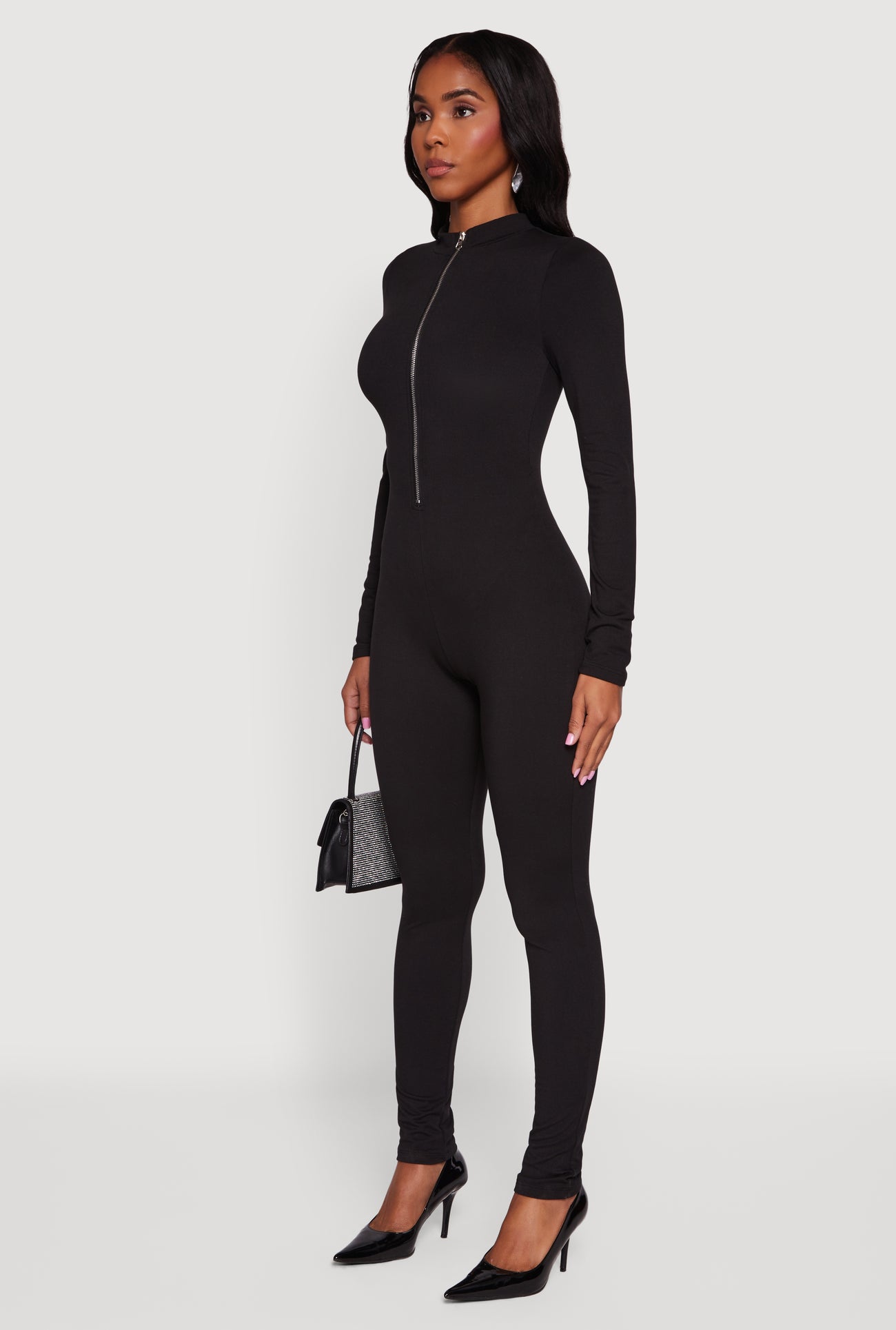 Mock Neck Zip Front Fleece Lined Jumpsuit