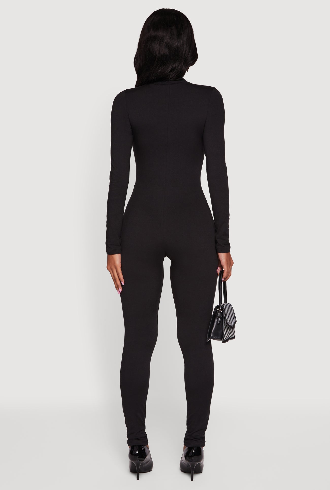 Mock Neck Zip Front Fleece Lined Jumpsuit