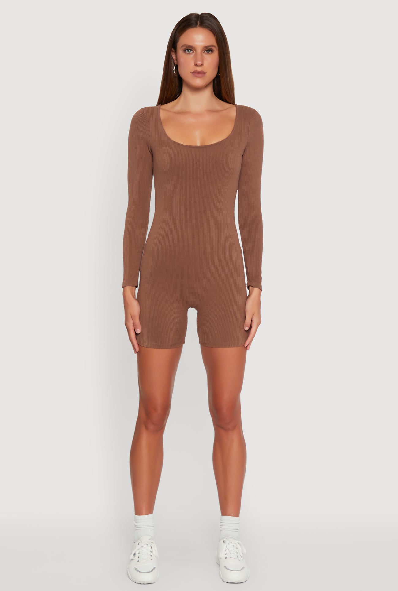 Brushed Rib Knit Long Sleeve Square Neck Catsuit